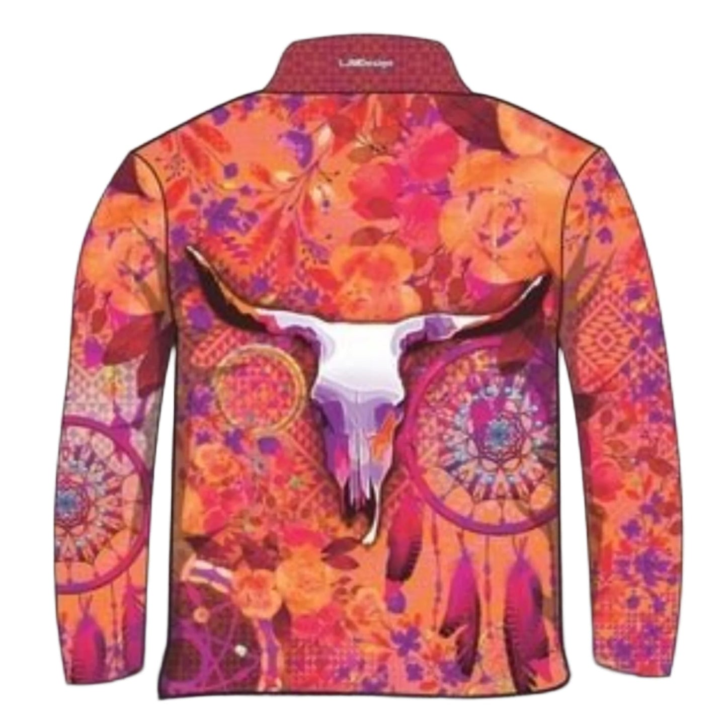 Western | Aztec Dreamcatcher Peach Fishing Shirt ★Pre-Order★ Z and TEE Aztec COUNTRY WESTERN DESIGNS cowgirl Floral GIRL'S DESIGNS matching dress Matching shorts orange quick dry SUN SAFE UPF WOMEN'S DESIGNS womens