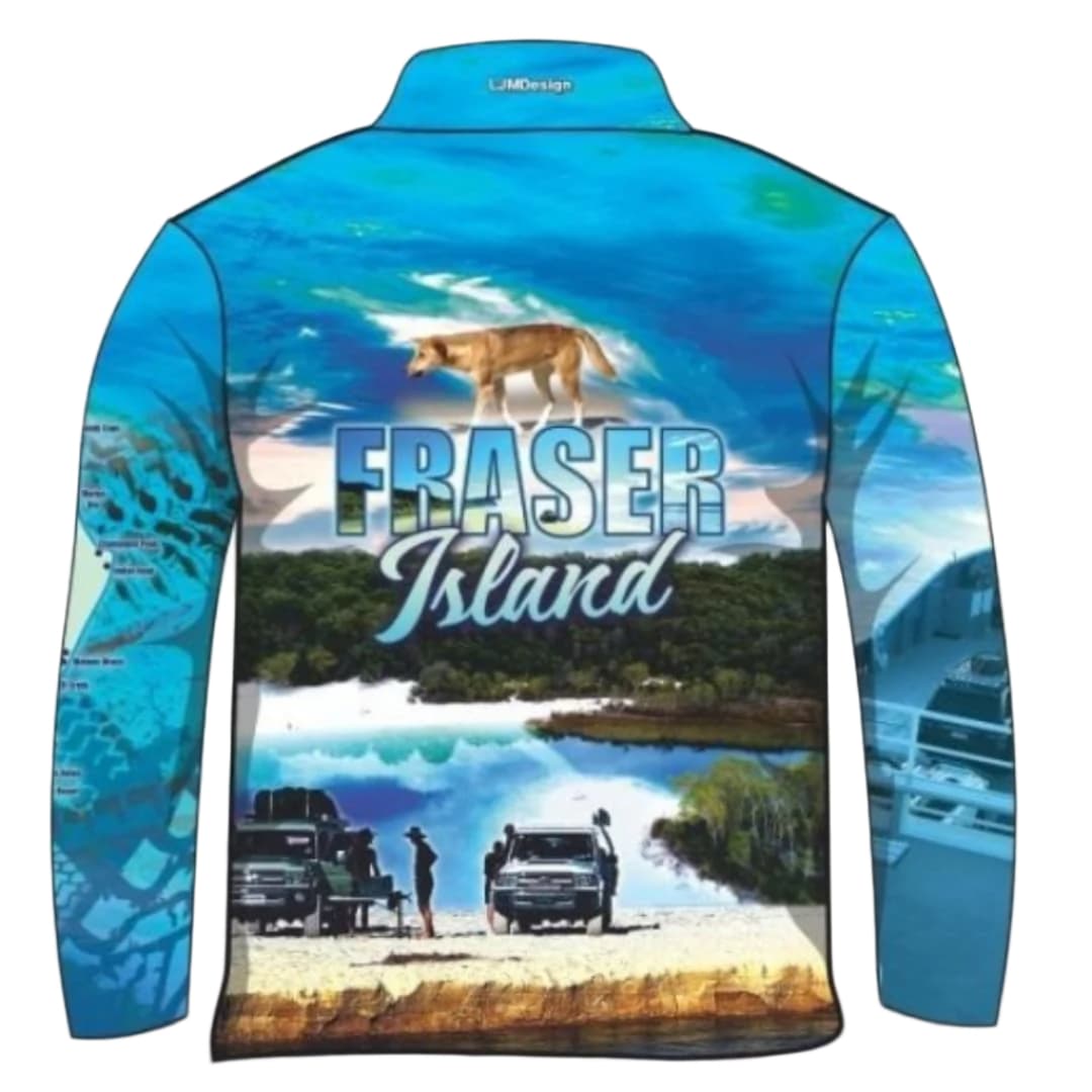Fraser Island | Complete Fraser Island (K'gari) Blue Fishing Shirt ★Pre-Order★ Z and TEE 4x4 Aussie Aussie Map Australiana blue BOYS DESIGNS camping FRASER ISLAND DESIGNS K'gari Matching shorts MEN'S DESIGNS mens quick dry SUN SAFE UPF whale