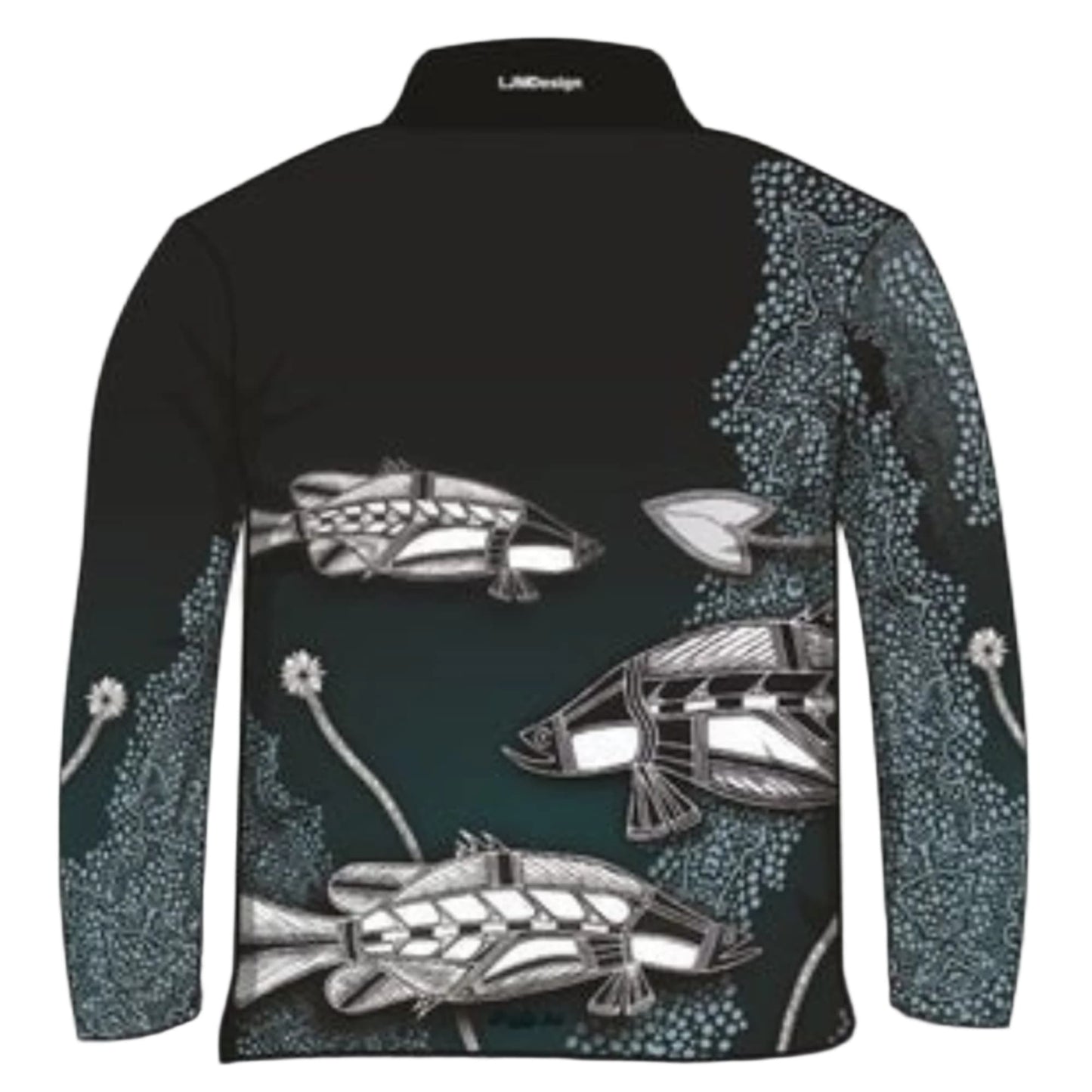 Indigenous | Waterhole Barramundi Black Fishing Shirt ★Pre-Order★ Z and TEE ABORIGINAL Australia Australian camping FIRST NATIONS FIRST NATIONS DESIGNS FISH DESIGNS fishing men mens Preorder quick dry spo-default spo-disabled sun sun shirt sun shirts sunsafe uniforn uv work