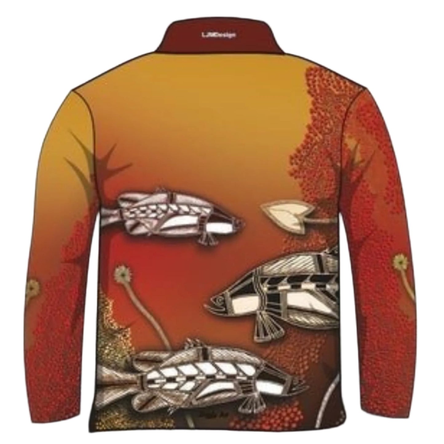 Indigenous | Waterhole Barramundi Ochre Fishing Shirt ★Pre-Order★ Z and TEE Australia camping FIRST NATIONS DESIGNS FISH DESIGNS fishing men mens Preorder quick dry spo-default spo-disabled sun sun shirt sun shirts sunsafe uv
