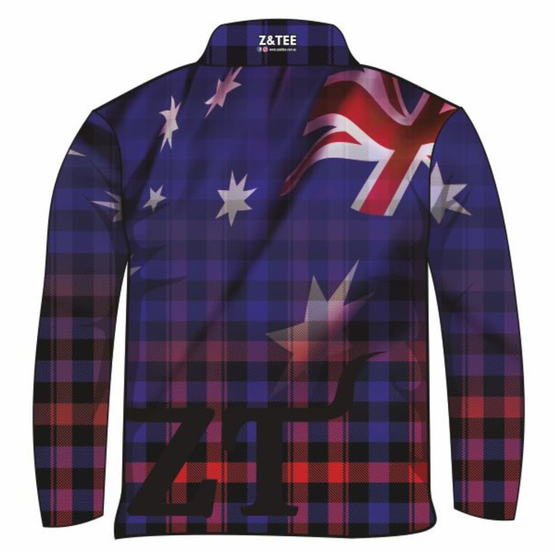 Australian | Flanny Design Aussie Flag Fishing Shirt ★Pre-Order★ Z and TEE Aussie AUSSIE FLAG Australiana BOYS DESIGNS Matching shorts MEN'S DESIGNS mens Navy quick dry red SUN SAFE UPF