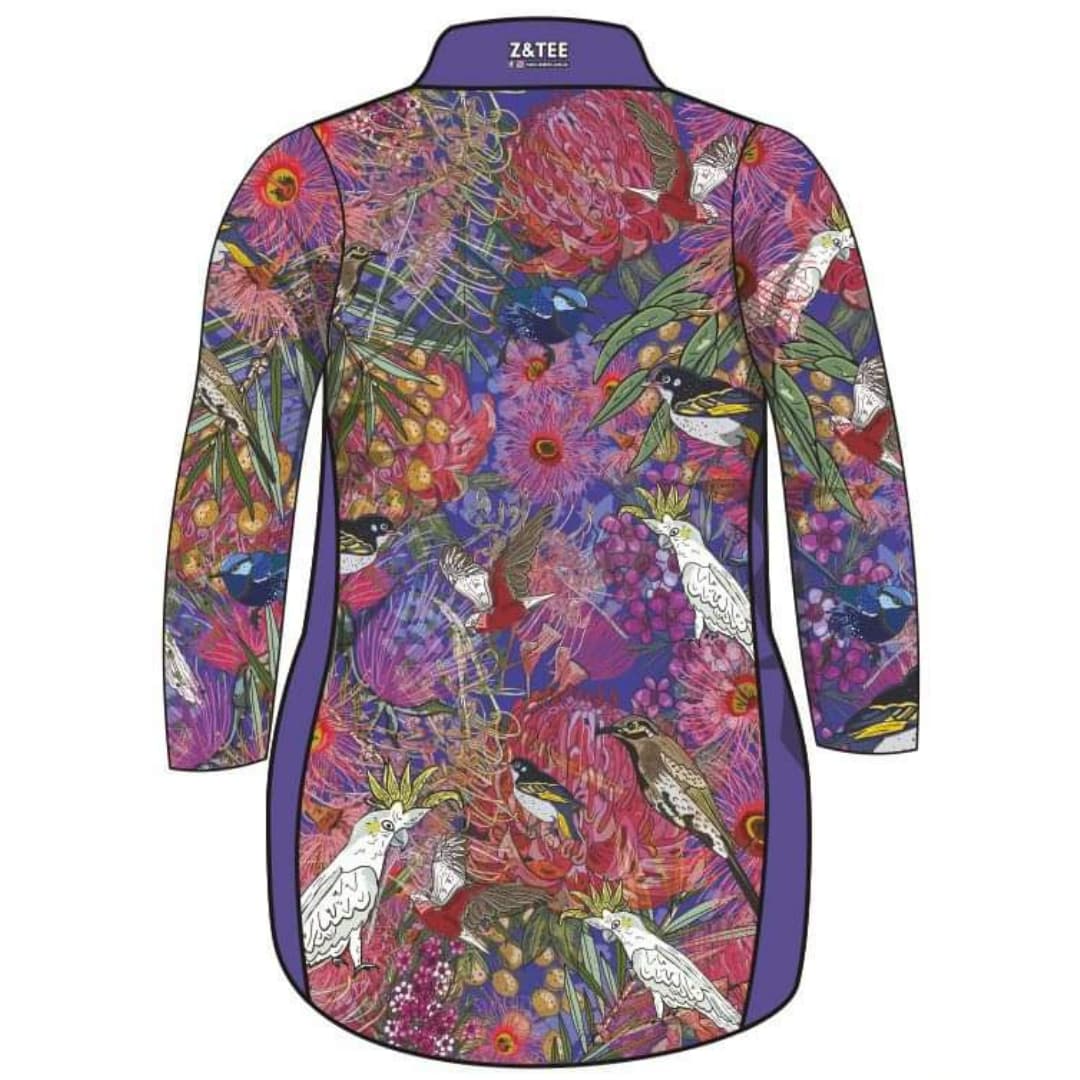 Australian | Birds and Blooms Purple Lifestyle Fishing Dress ★Pre-Order★ Z and TEE australian birds Beach Dress BIRDS Floral KID'S DESIGNS Matching Shirt pink POCKETS purple quick dry SUN SAFE UPF WOMEN'S DESIGNS womens