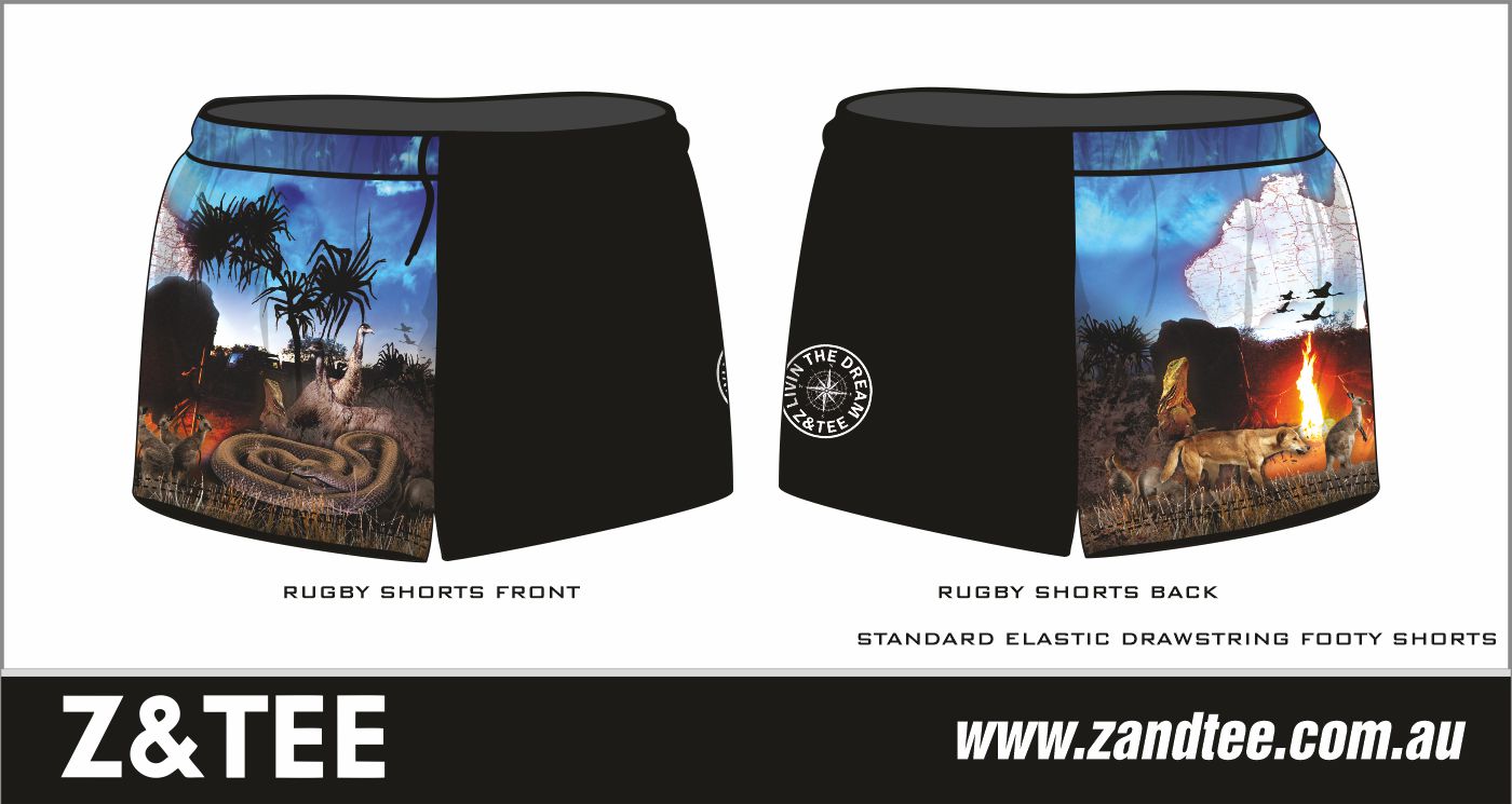 Rugby Shorts | Australian Camping Blue Adventure ★Pre-Order★ Z and TEE Aussie Aussie Map black blue Camp Fire camping CAMPING AND CARAVAN DESIGNS dingo emu Fishing shorts kangaroo KID'S DESIGNS Matching Shirt MEN'S DESIGNS quick dry snake Sunset WOMEN'S DESIGNS