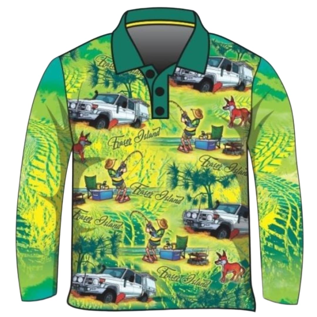 Fraser Island | Beer Bogs & BBQ Fraser Island (K'gari) Fishing Shirt ★Pre-Order★ Z and TEE 4x4 Aussie Australiana BOYS DESIGNS Fisherman FRASER ISLAND DESIGNS green K'gari KIDS MEN'S DESIGNS mens quick dry SUN SAFE tip UPF