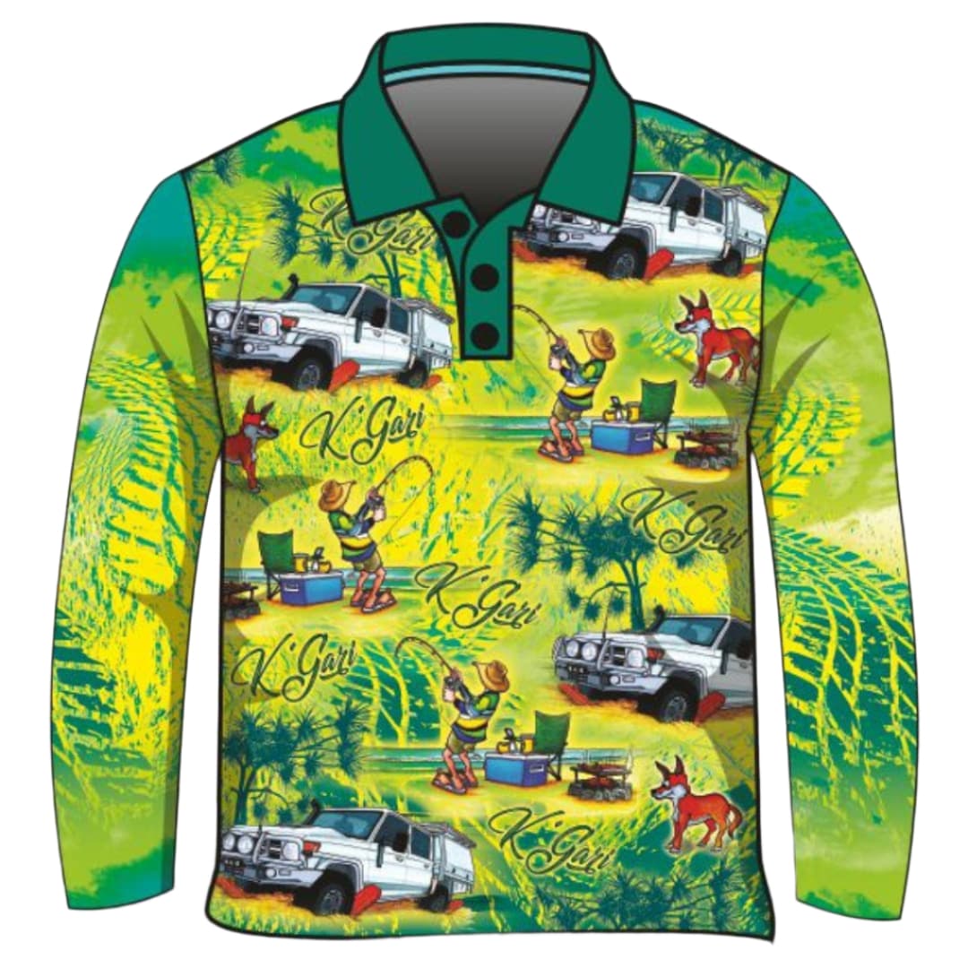 Fraser Island | Beer Bogs & BBQ K'gari (Fraser Island) Fishing Shirt ★Pre-Order★ Z and TEE 4x4 Aussie Australiana BOYS DESIGNS Fisherman FRASER ISLAND DESIGNS green K'gari KIDS mens quick dry SUN SAFE tip UPF