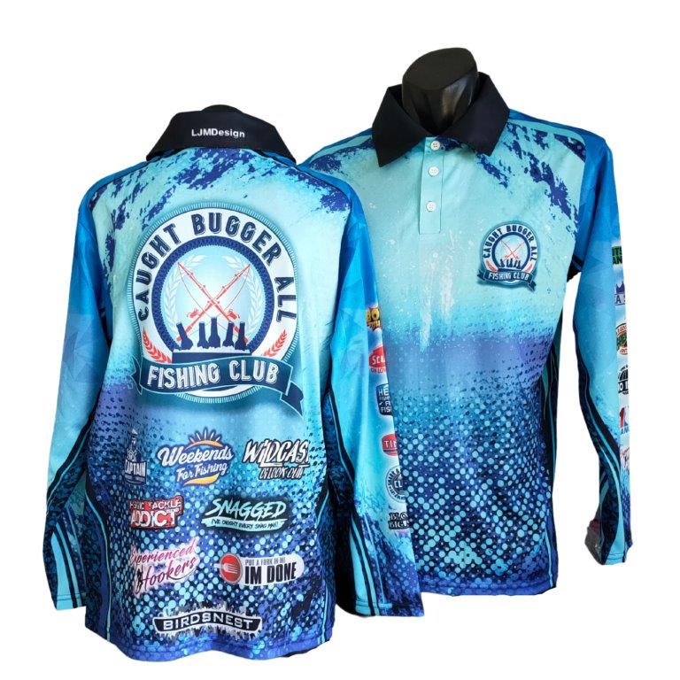 Fishing | Caught Bugger All Fishing Club Blue Fishing Shirt ★Pre-Order★ Z and TEE FISH DESIGNS Matching shorts MEN'S DESIGNS mens quick dry SUN SAFE UPF