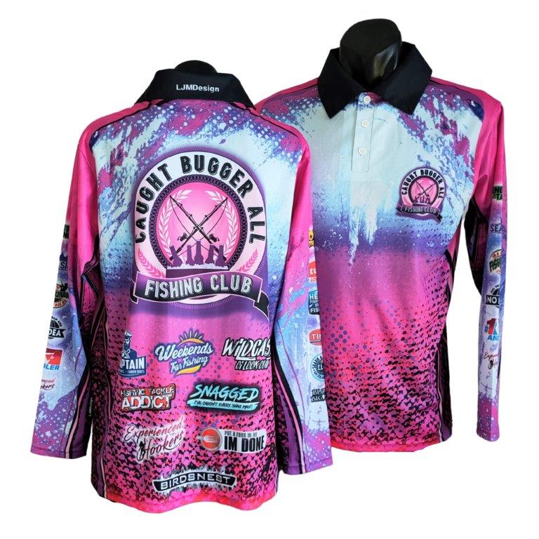 Fishing | Caught Bugger All Fishing Club Pink Fishing Shirt ★Pre-Order★ Z and TEE FISH DESIGNS Matching shorts quick dry SUN SAFE UPF WOMEN'S DESIGNS womens