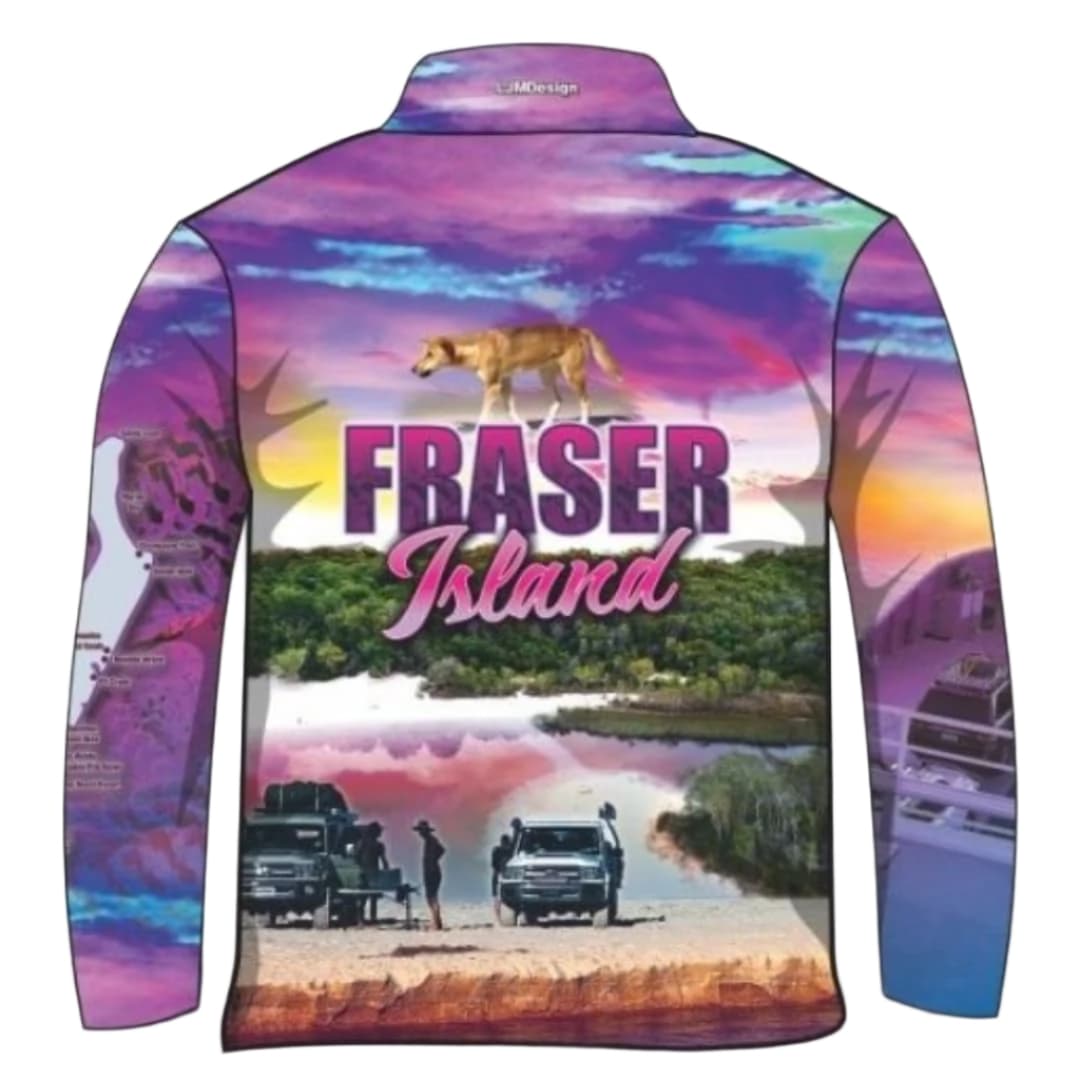 Fraser Island | Complete Fraser Island (K'gari) Pink Fishing Shirt ★Pre-Order★ Z and TEE 4x4 Aussie Australiana camping FRASER ISLAND DESIGNS GIRL'S DESIGNS K'gari Matching shorts pink purple quick dry SUN SAFE UPF whale WOMEN'S DESIGNS womens