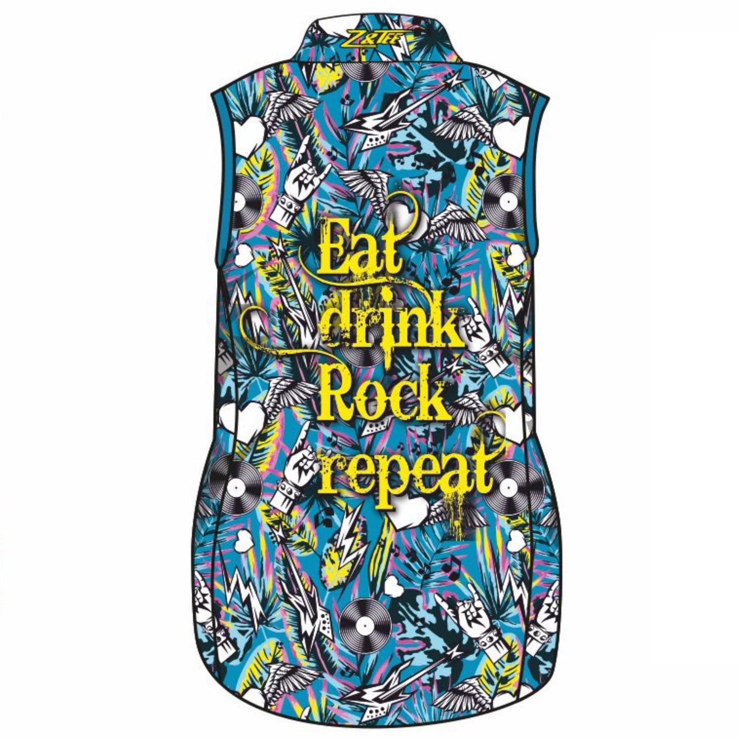 Music | Eat Drink Rock Repeat Blue Sleeveless Lifestyle Fishing Dress Z and TEE Beach Dress blue blues festival POCKETS quick dry SUN SAFE UPF WOMEN'S DESIGNS