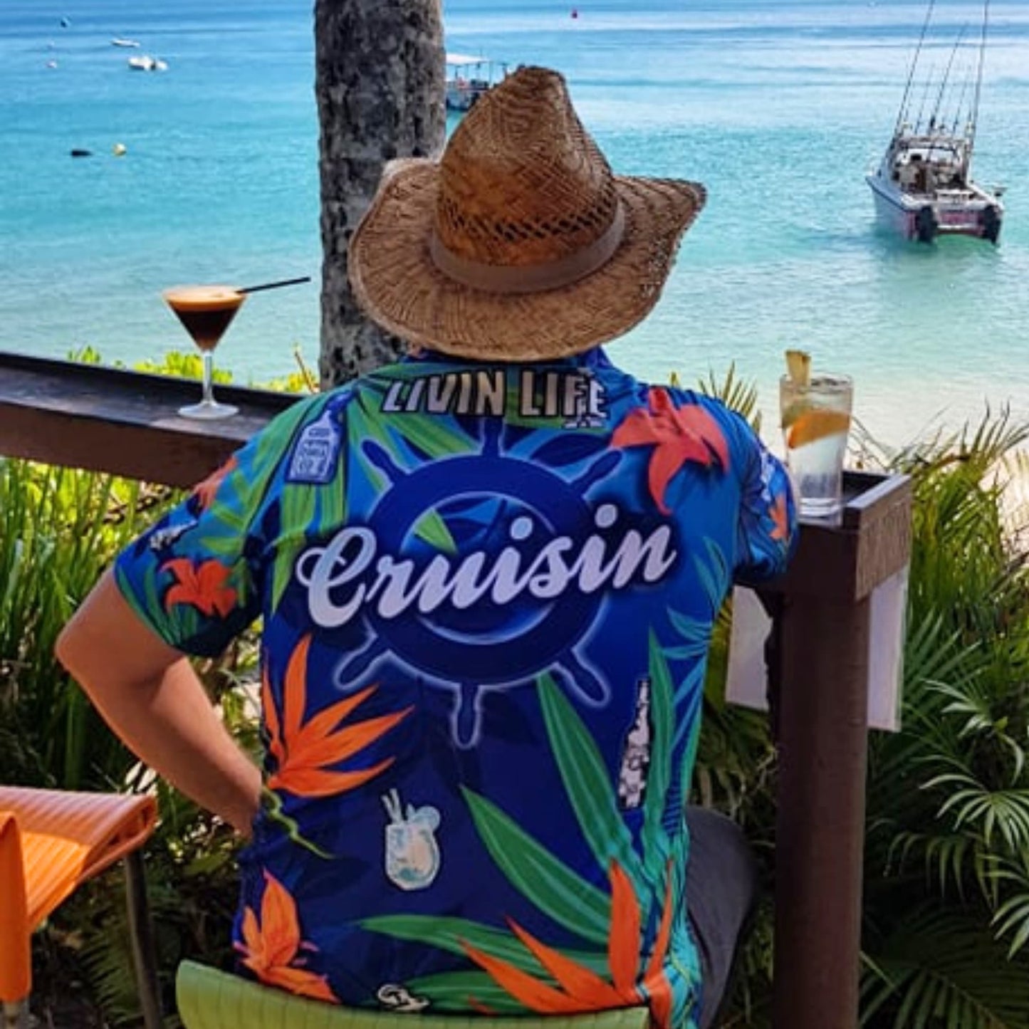 Cruise | Cruisin Marine Blue Fishing Shirt Z and TEE anchor BOYS DESIGNS Cruising Floral Hawaiian MEN'S DESIGNS mens Navy quick dry SUN SAFE TROPICAL DESIGNS UPF VACATION