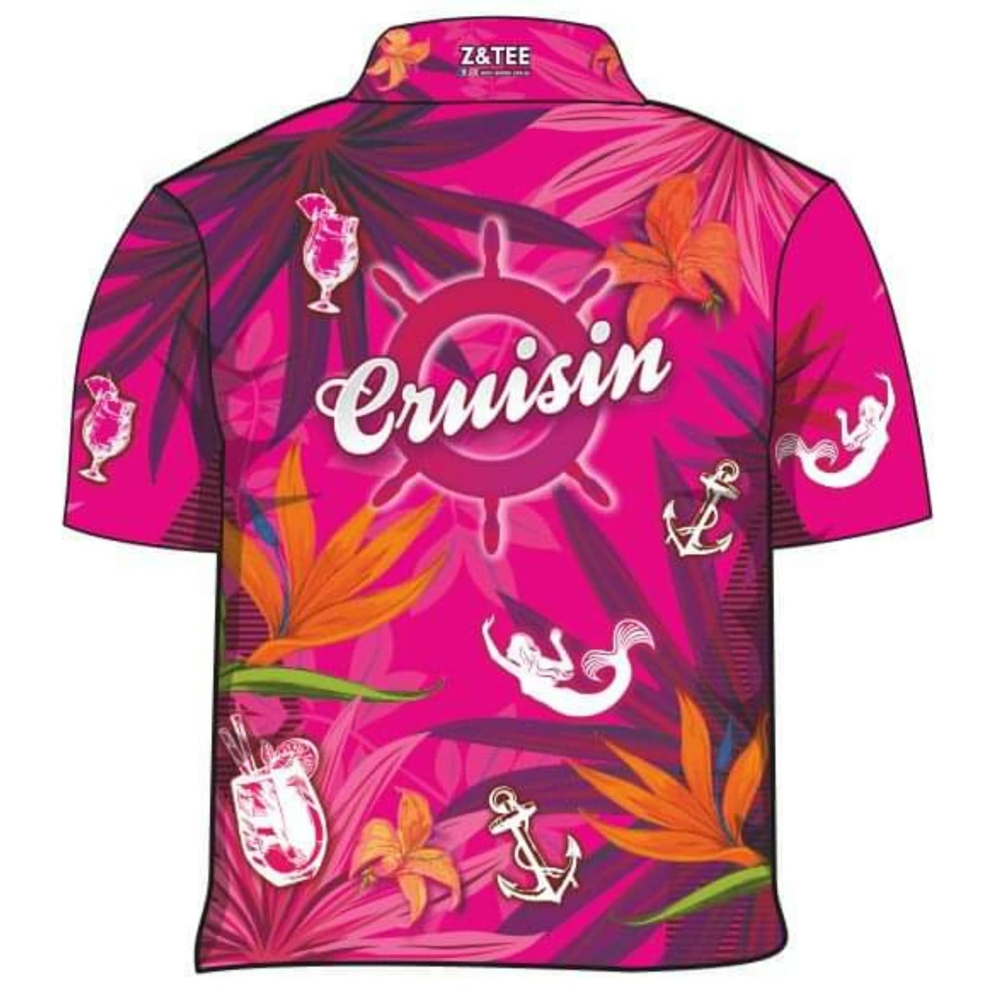 Cruise | Cruisin Party Pink Fishing Shirt ★Pre-Order★ Z and TEE anchor Cruising Drinks Floral Hawaiian mermaids pink quick dry SUN SAFE TROPICAL DESIGNS UPF WOMEN'S DESIGNS womens