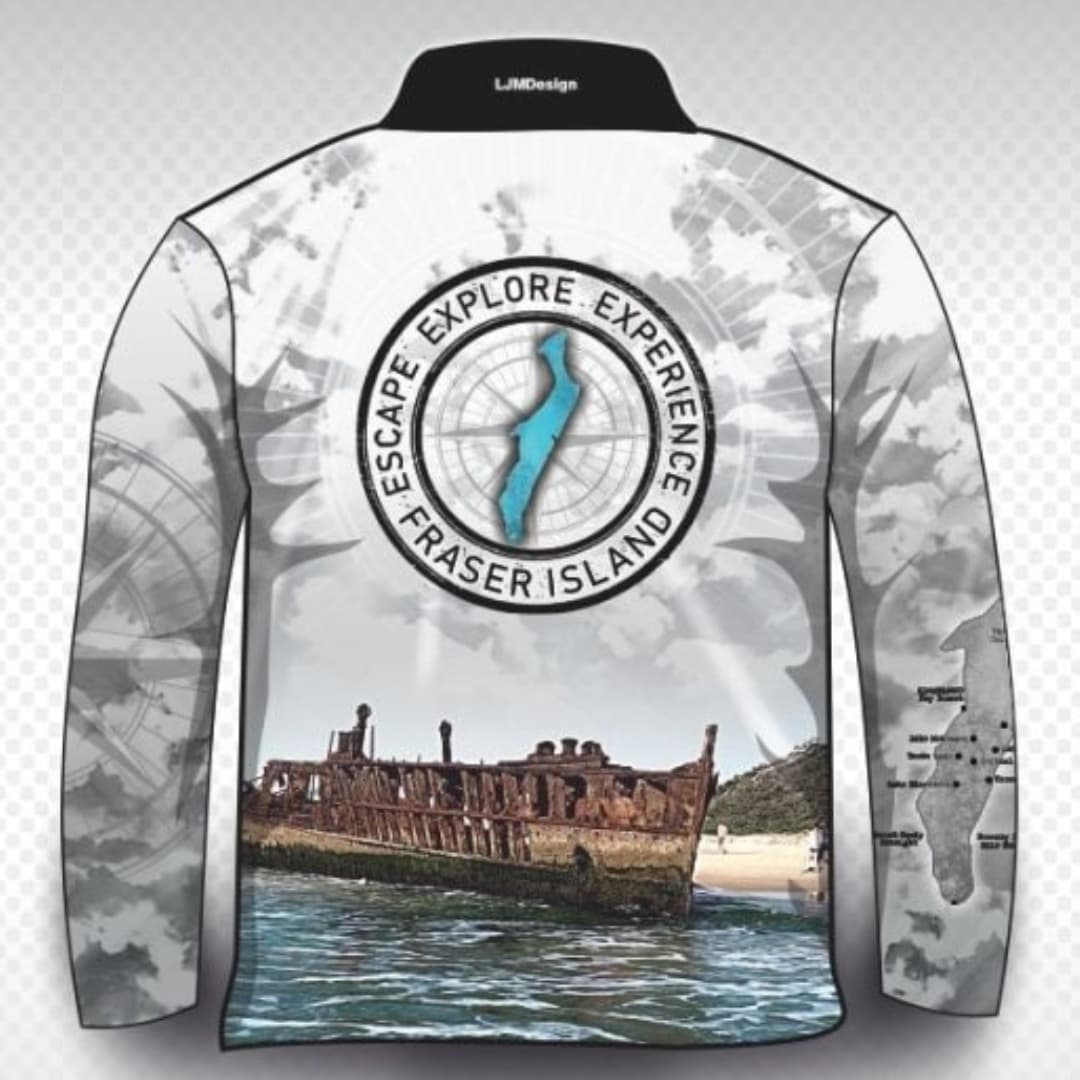 Fraser Island | Escape Explore Fraser Island (K'gari) Fishing Shirt ★Pre-Order★ Z and TEE 4x4 boy boys camping fishing FRASER ISLAND DESIGNS K'gari men mens Preorder quick dry spo-default spo-disabled sun sun shirt sun shirts sunsafe travel uv