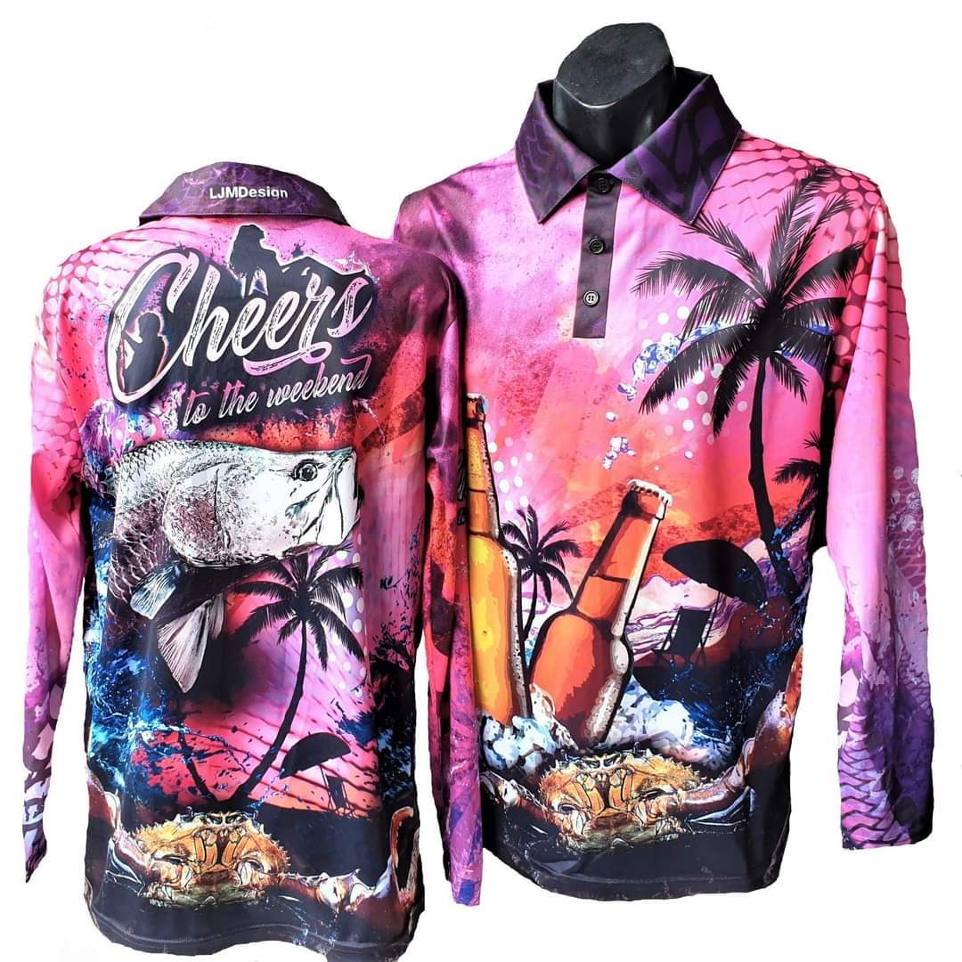 Fishing | Cheers to the Weekend Pink Fishing Shirt ★Pre-Order★ Z and TEE Drinks FISH DESIGNS Matching shorts palms quick dry SUN SAFE UPF WOMEN'S DESIGNS womens