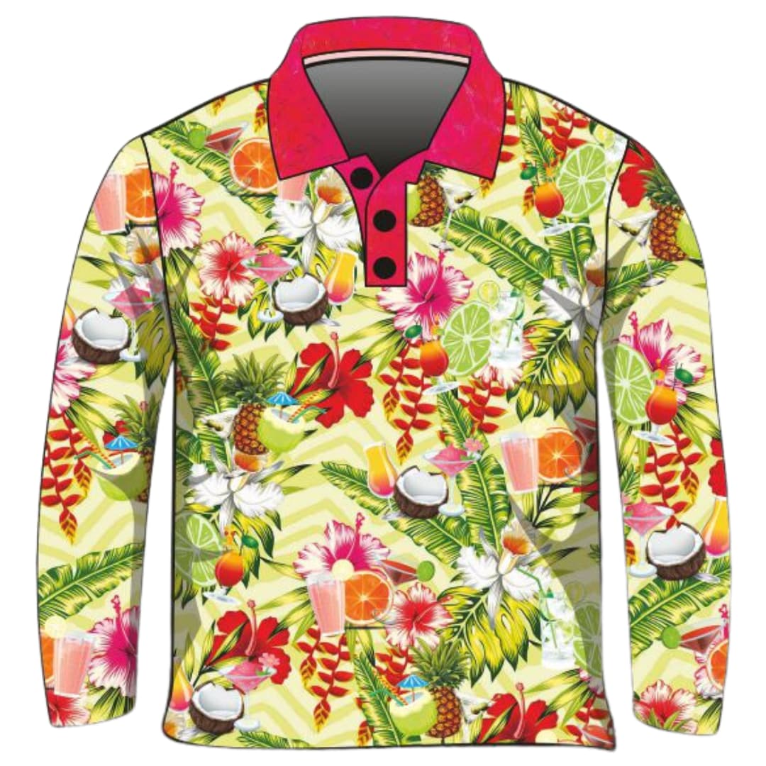 Tropical | Chevron Cocktail Tropical Fishing Shirt ★Pre-Order★ Z and TEE coconut cruise Floral green matching dress pineapple pink quick dry SUN SAFE tropical UPF WOMEN'S DESIGNS womens yellow