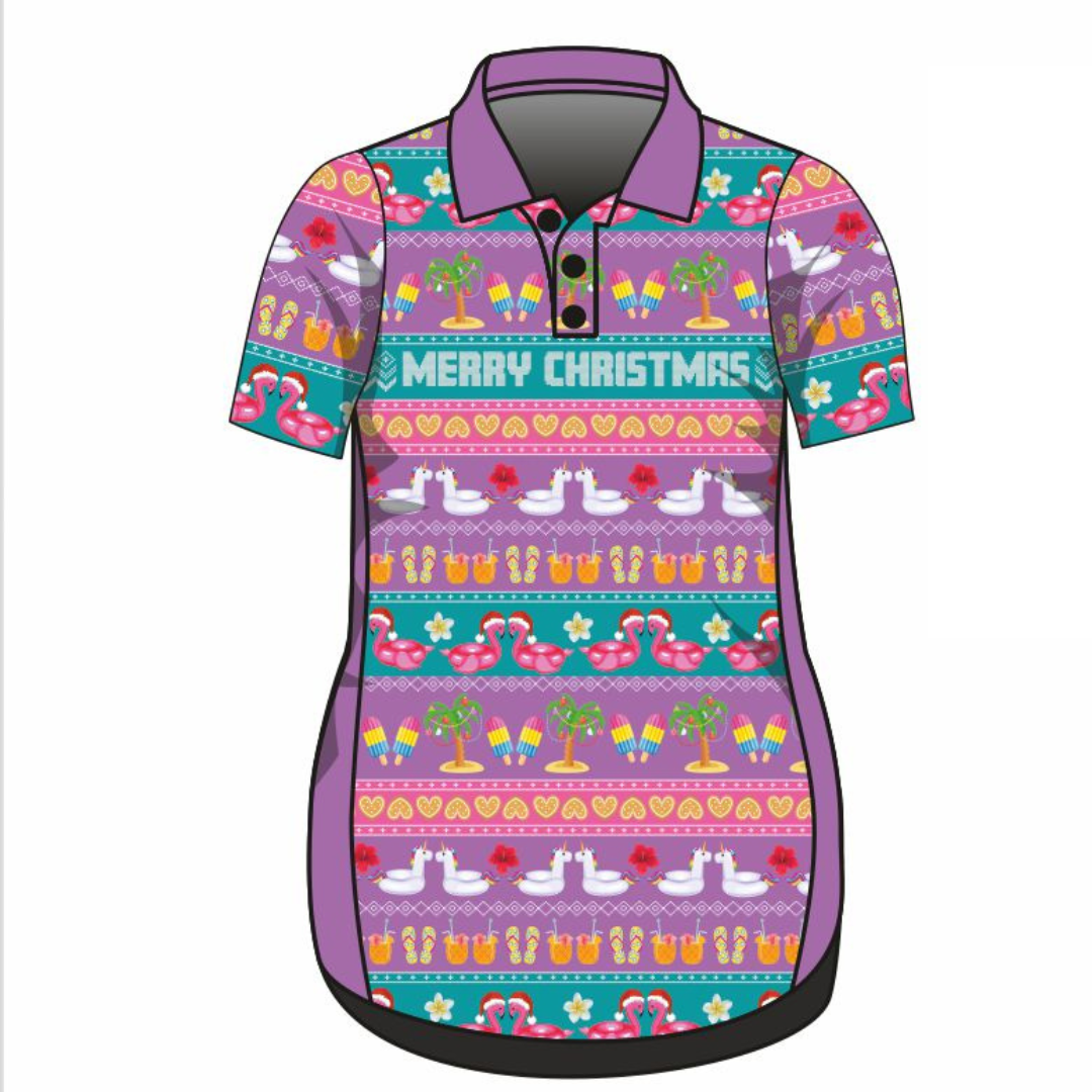 Christmas | Fa La La Mingo Ugly Christmas Fishing Dress ★Pre-Order★ Z and TEE beach Beach Dress christmas Christmas design Christmas Gift Festive Flamingoes Fun Matching Shirt Matching Singlet Merry Christmas pink purple quick dry Summer SUN SAFE Tropical Ugly Christmas sweater Unicorns UPF