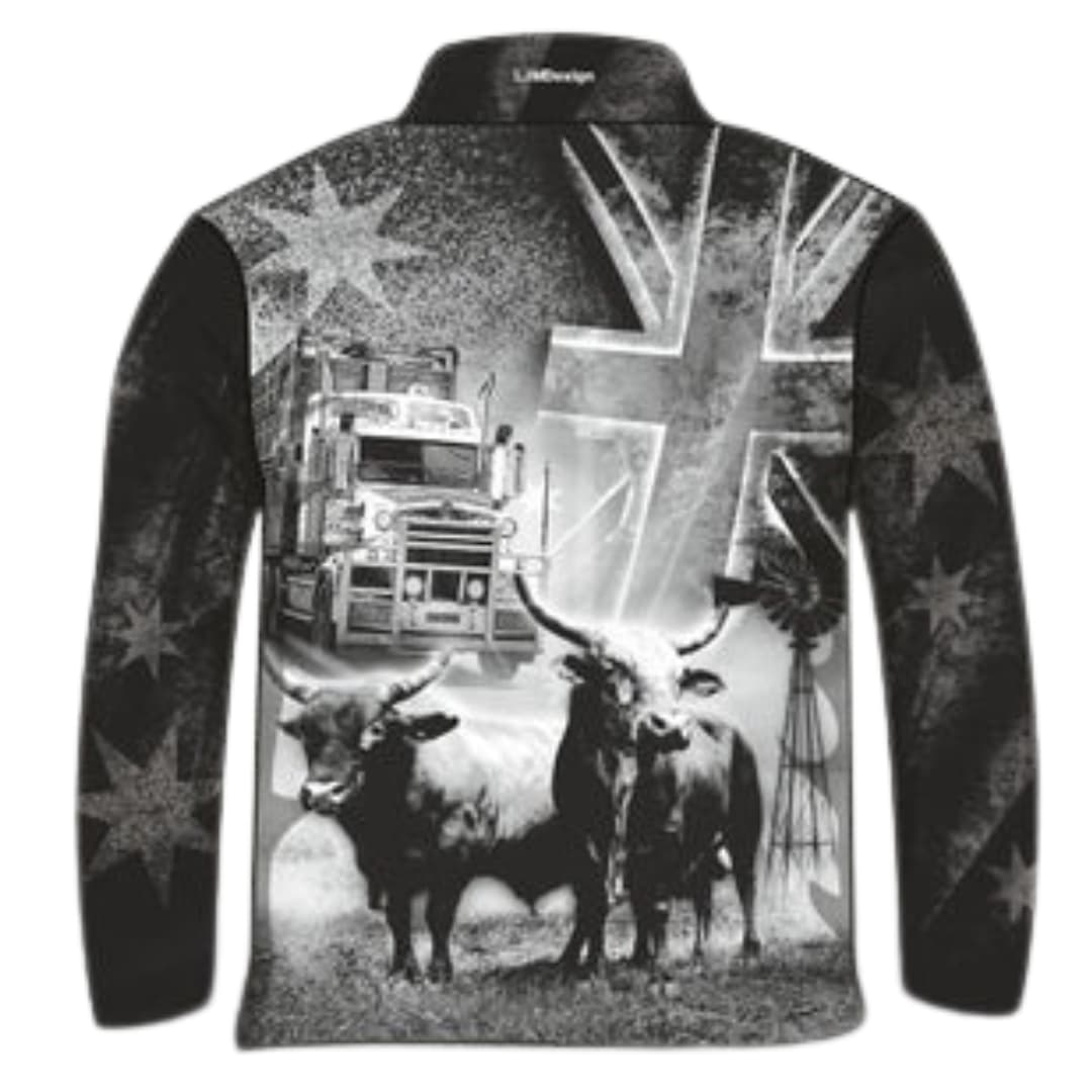 Western | Australian Flag Bull Fishing Shirt ★Pre-Order★ Z and TEE AUSSIE FLAG black bull COUNTRY WESTERN DESIGNS cowboy grey horse Matching shorts MEN'S DESIGNS mens quick dry Ranch Rodeo SUN SAFE truck UPF