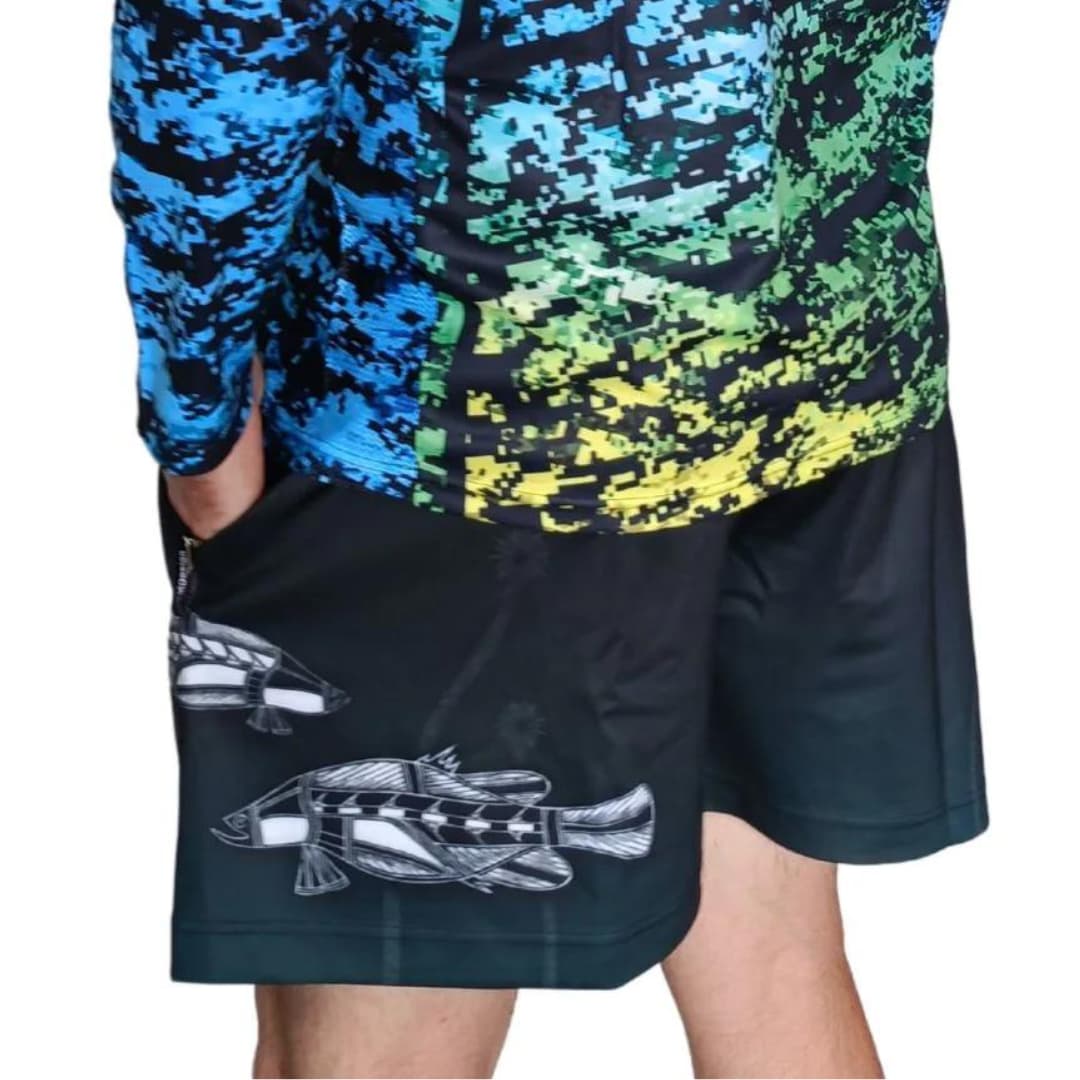 Rugby Shorts | Indigenous Waterhole Barramundi Black ★Pre-Order★ Z and TEE Aussie Australian barramundi FIRST NATIONS DESIGNS FISH DESIGNS Fishing shorts KID'S DESIGNS Matching Shirt MEN’S DESIGNS WOMEN'S DESIGNS