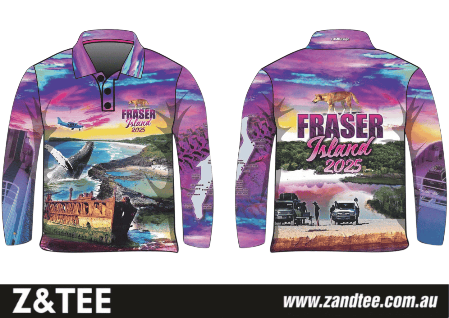 Fraser Island | Complete Fraser Island (K'gari) Pink Fishing Shirt (2025) ★Pre-Order★ Z and TEE 2025 4x4 Aussie Aussie Map Australiana camping FRASER ISLAND DESIGNS GIRL'S DESIGNS K'gari Matching shorts New Design pink purple quick dry SUN SAFE UPF whale women WOMEN'S DESIGNS womens