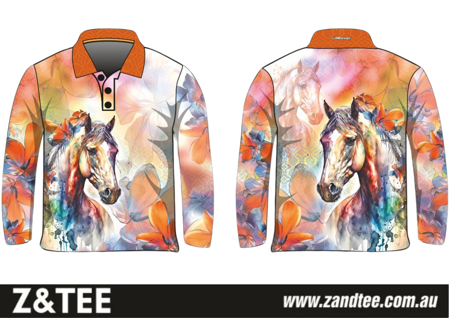 Western | Floral Pony Fishing Shirt ★Pre-Order★ Z and TEE beige COUNTRY WESTERN DESIGNS Floral GIRL'S DESIGNS horse KIDS Matching shorts New Design orange quick dry SUN SAFE UPF WOMEN'S DESIGNS Womens