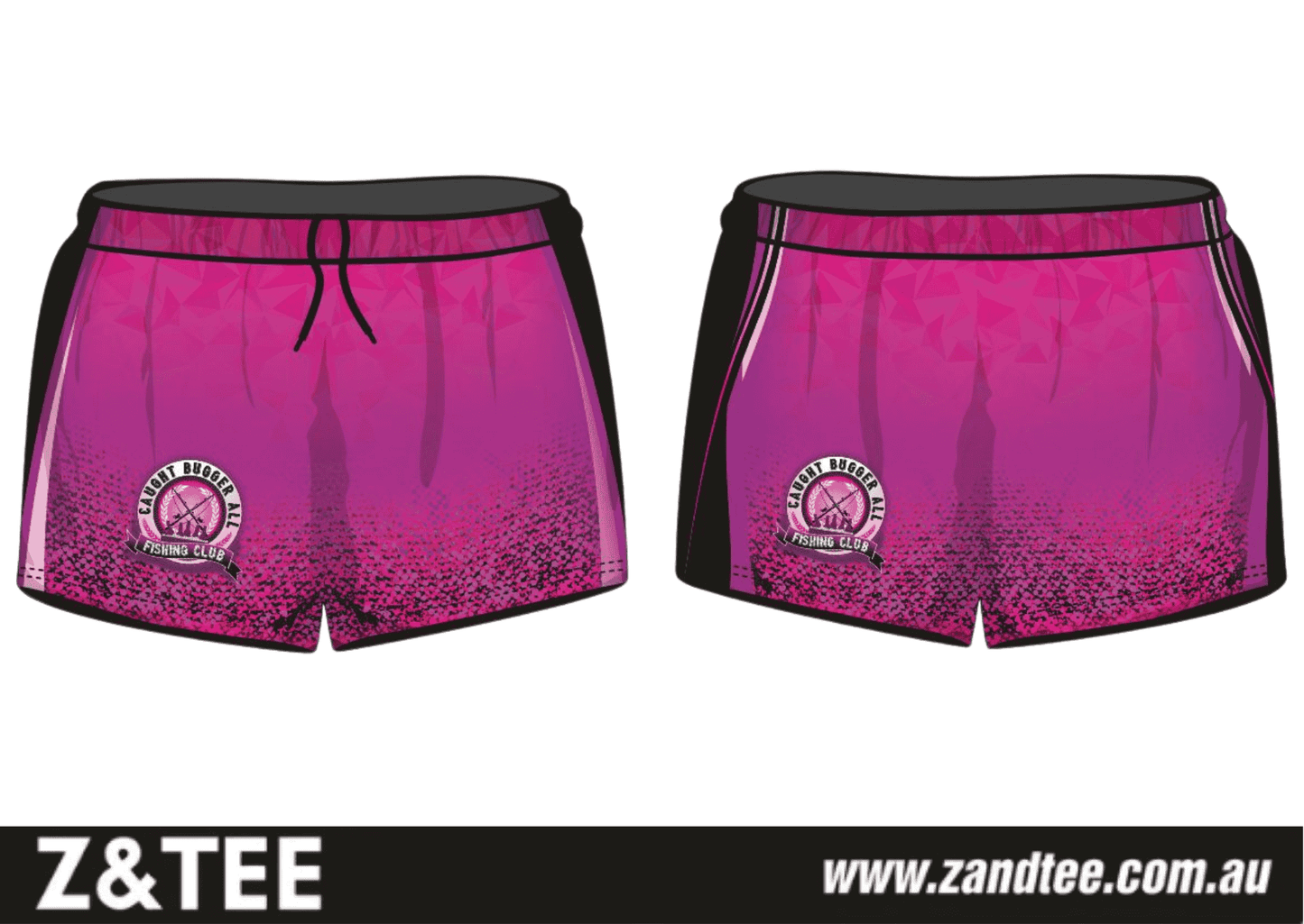 Rugby Shorts | Caught Bugger All Fishing Club Pink ★Pre-Order★ Z and TEE Aussie FISH DESIGNS Fishing Rod Fishing shorts KID'S DESIGNS Matching Shirt New Design pink quick dry WOMEN'S DESIGNS