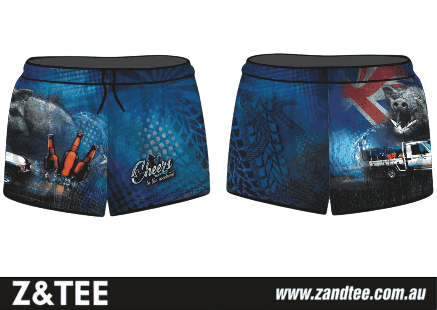 Rugby Shorts | Cheers Hunting Cruiser Blue ★Pre-Order★ Z and TEE Aussie AUSSIE FLAG blue cruiser Fishing shorts hunting KID'S DESIGNS Matching Shirt MEN'S DESIGNS New Design pig hunting quick dry Tyre tracks