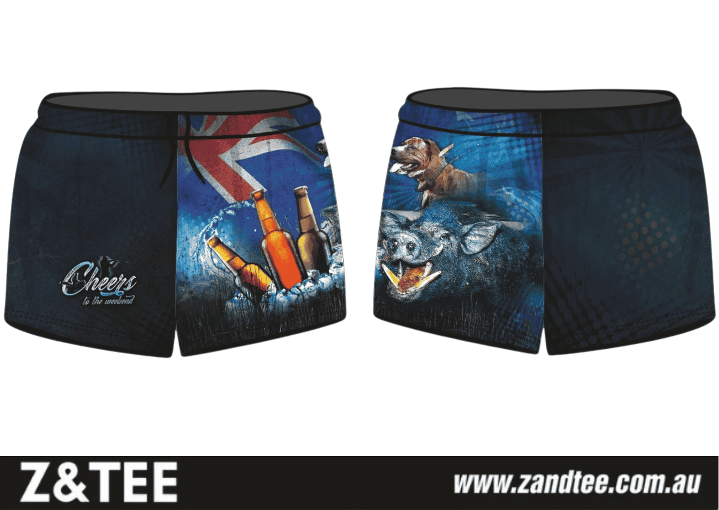 Rugby Shorts | Cheers Hunting Dog Blue ★Pre-Order★ Z and TEE Aussie AUSSIE FLAG black blue dog Fishing shorts hunting KID'S DESIGNS Matching Shirt MEN'S DESIGNS New Design pig hunting quick dry