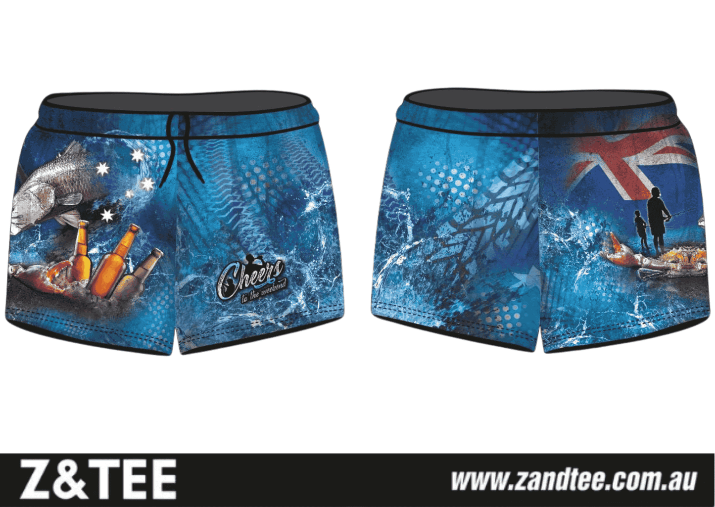 Rugby Shorts | Cheers to the Weekend Blue ★Pre-Order★ Z and TEE Aussie AUSSIE FLAG blue crab FISH FISH DESIGNS FISHING Fishing shorts KID'S DESIGNS Matching Shirt MEN'S DESIGNS New Design quick dry Tyre tracks