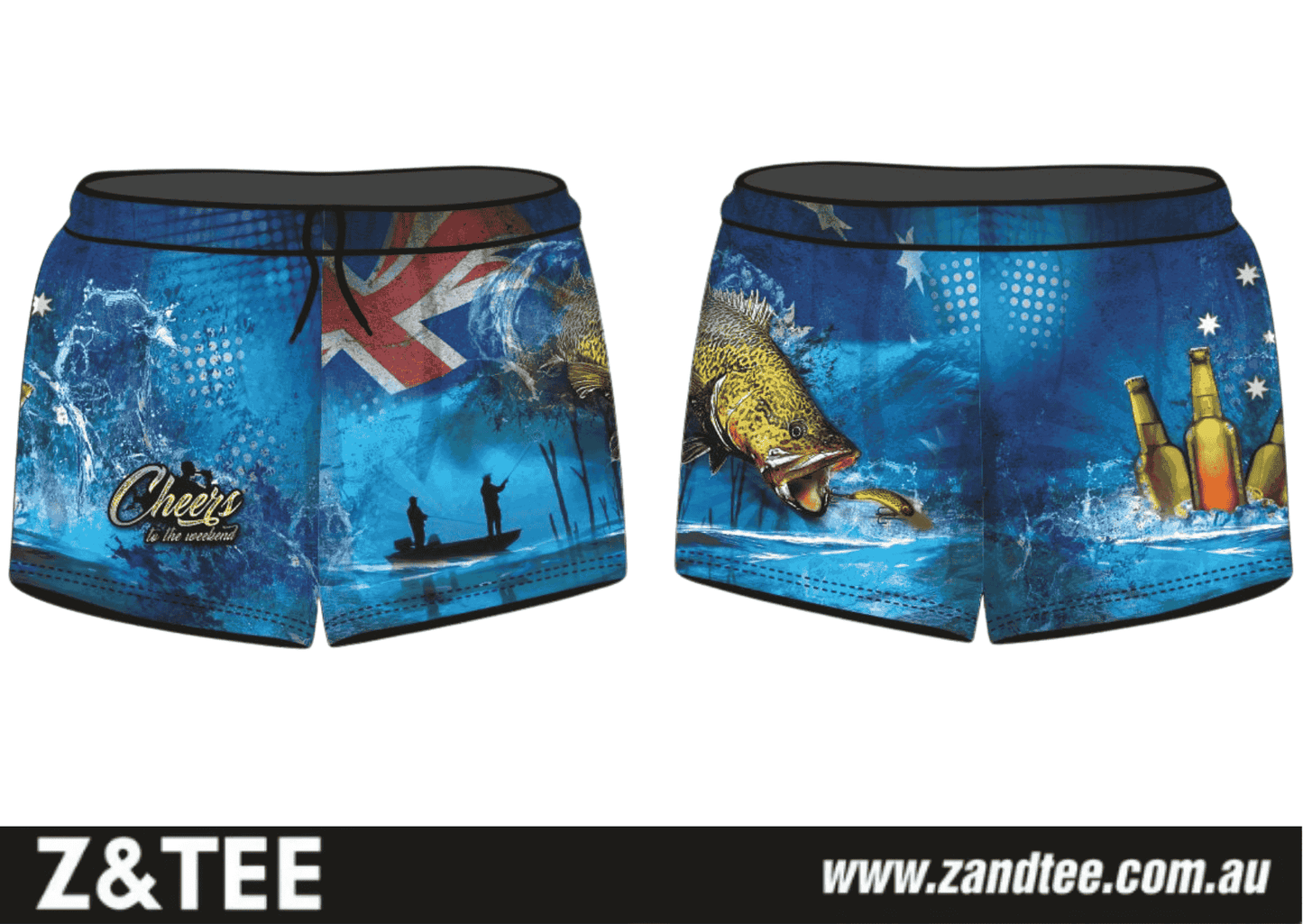 Rugby Shorts | Cheers to the Weekend Murray Cod ★Pre-Order★ Z and TEE Aussie AUSSIE FLAG blue boat FISH DESIGNS Fisherman FISHING Fishing shorts KID'S DESIGNS Matching Shirt MEN'S DESIGNS Murray Cod New Design quick dry