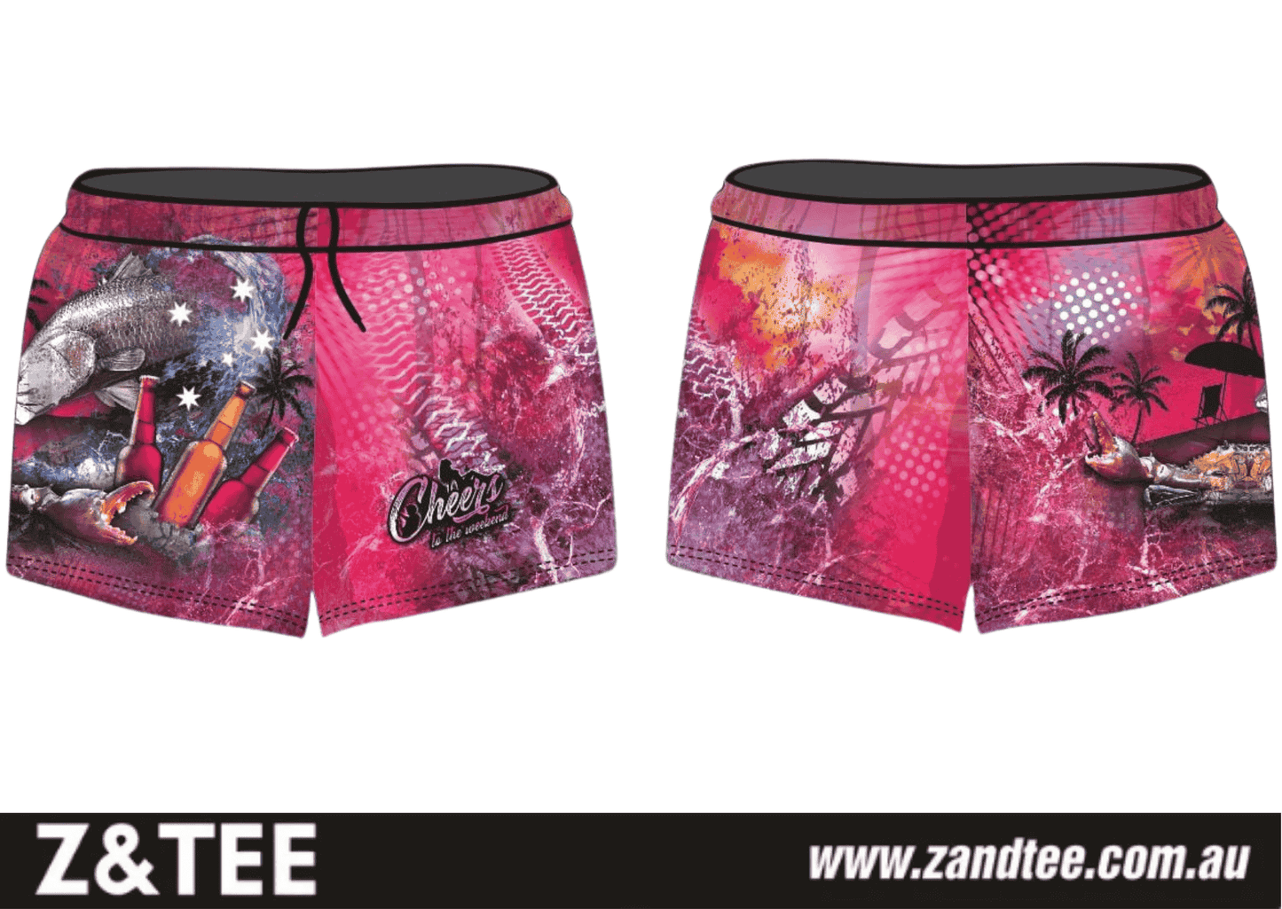 Rugby Shorts | Cheers to the Weekend Pink ★Pre-Order★ Z and TEE crab FISH FISH DESIGNS FISHING Fishing shorts KID'S DESIGNS Matching Shirt New Design palms pink quick dry Tyre tracks WOMEN'S DESIGNS