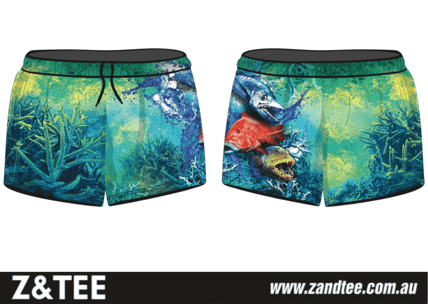 Rugby Shorts | Teal Reef ★Pre-Order★ Z and TEE coral reef FISH FISH DESIGNS Fishing shorts KID'S DESIGNS MEN'S DESIGNS New Design quick dry Teal WOMEN'S DESIGNS