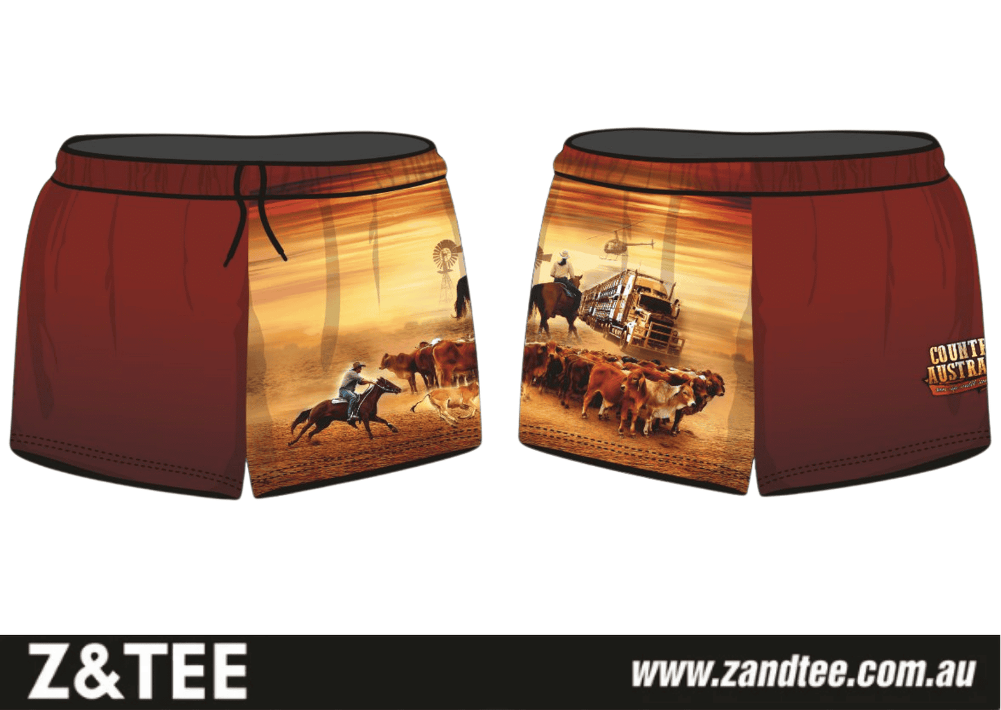 Rugby Shorts | Sun Up until Sun Down ★Pre-Order★ Z and TEE Aussie Australia brown Fishing shorts gold horse KID'S DESIGNS Matching Shirt MEN'S DESIGNS New Design POCKETS quick dry Rodeo truck WOMEN'S DESIGNS