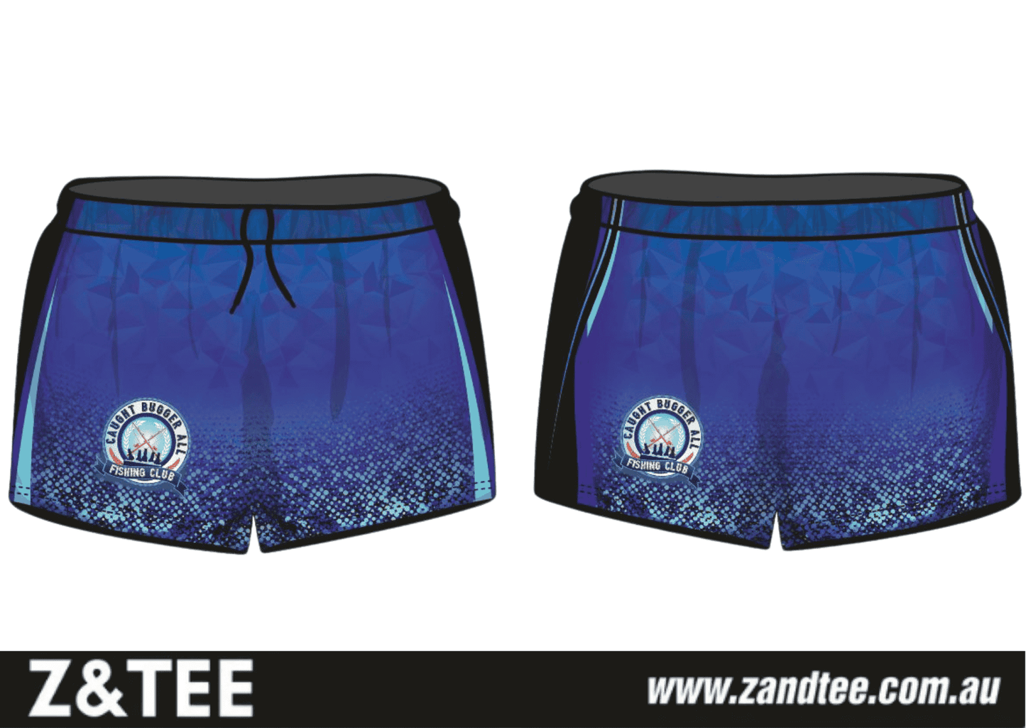 Rugby Shorts | Caught Bugger All Fishing Club Blue ★Pre-Order★ Z and TEE Aussie AUSSIE FLAG blue FISH DESIGNS Fishing shorts KID'S DESIGNS Matching Shirt MEN'S DESIGNS New Design quick dry
