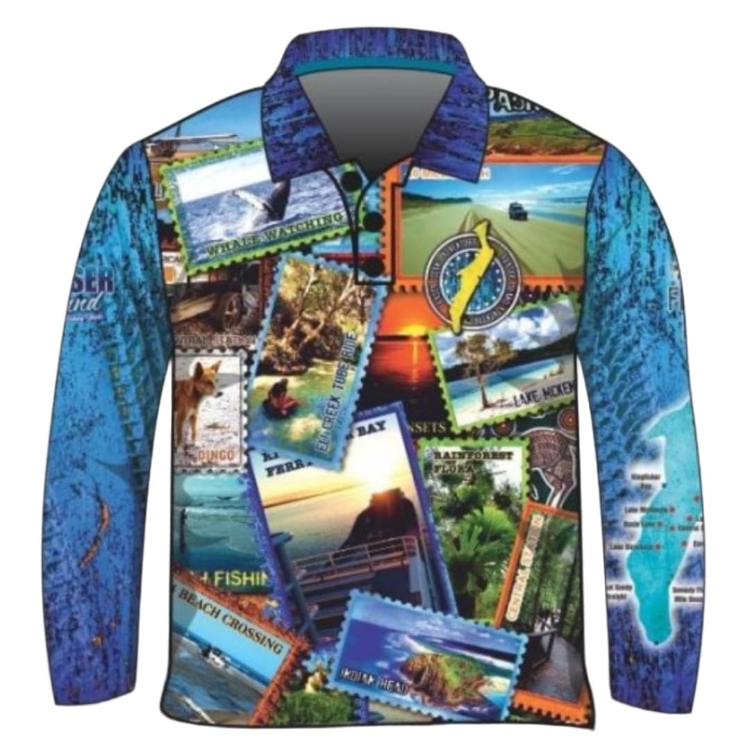 Fraser Island | Send it to Fraser Island (K'gari) Blue Fishing Shirt ★Pre-Order★ Z and TEE 4x4 boy boys camping fishing FRASER ISLAND DESIGNS K'gari men mens Preorder quick dry spo-default spo-disabled sun sun shirt sun shirts sunsafe travel uv