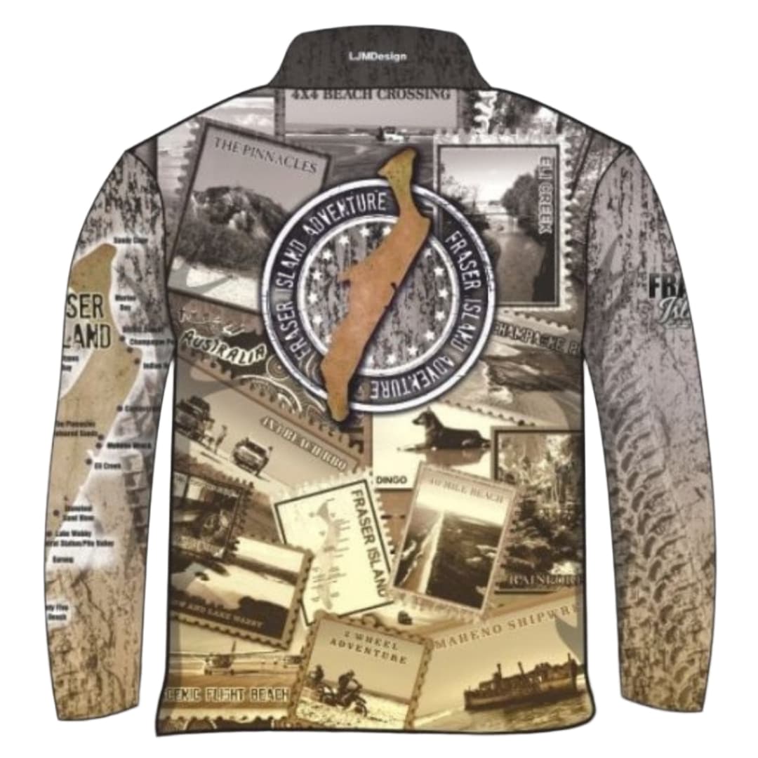 Fraser Island | Send it to Fraser Island (K'gari) Sepia Fishing Shirt ★Pre-Order★ Z and TEE 4x4 boy boys camping fishing FRASER ISLAND DESIGNS K'gari men mens Preorder quick dry spo-default spo-disabled sun sun shirt sun shirts sunsafe travel uv