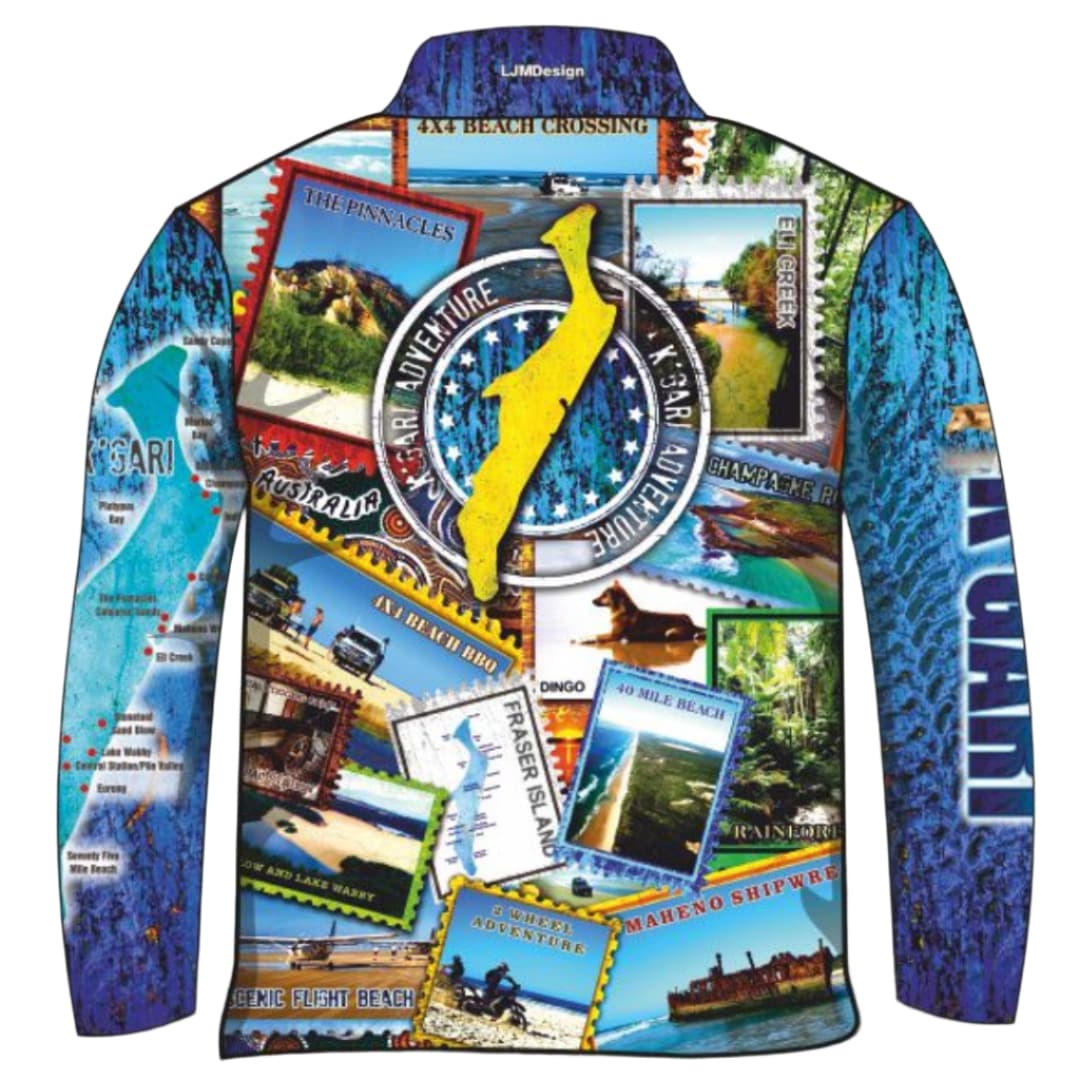 Fraser Island | Send it to K'gari (Fraser Island) Blue Fishing Shirt ★Pre-Order★ Z and TEE 4x4 boy boys camping fishing FRASER ISLAND DESIGNS K'gari men mens Preorder quick dry spo-default spo-disabled sun sun shirt sun shirts sunsafe travel uv