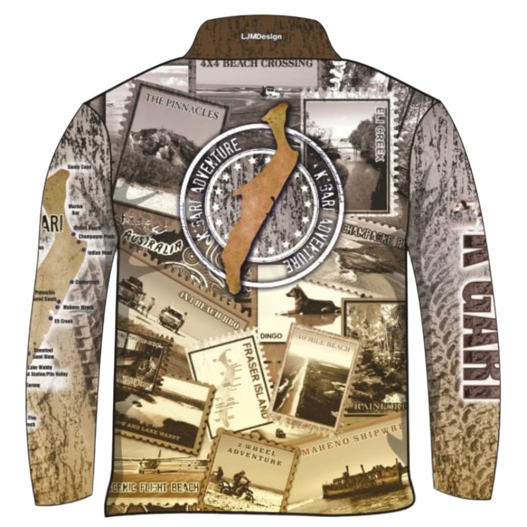 Fraser Island | Send it to K'gari (Fraser Island) Sepia Fishing Shirt ★Pre-Order★ Z and TEE 4x4 boy boys camping fishing FRASER ISLAND DESIGNS K'gari men mens Preorder quick dry spo-default spo-disabled sun sun shirt sun shirts sunsafe travel uv