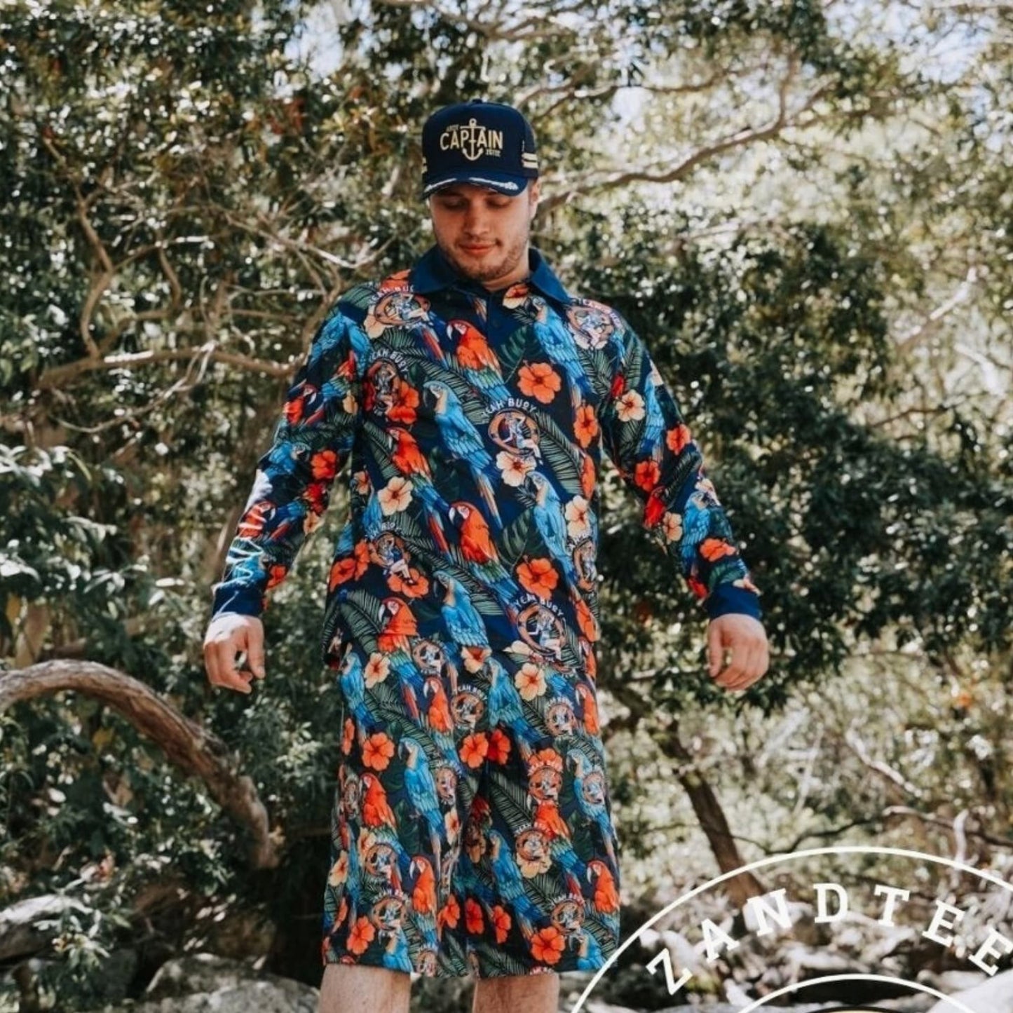 Tropical | Yeah Buoy Hawaiian Navy Fishing Shirt ★Pre-Order★ Z and TEE australian birds cruise Floral green Hawaiian matching dress Matching shorts MEN'S DESIGNS mens Navy quick dry SUN SAFE tropical UPF Yeah Buoy z&tee