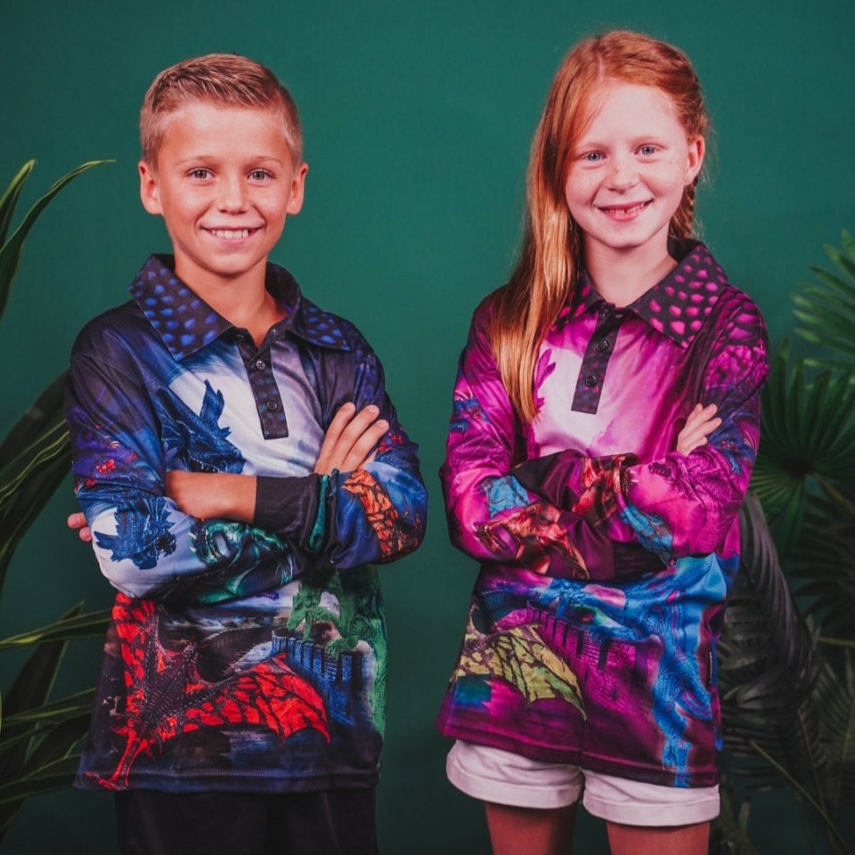 Kids | Castle of Dragons Blue Fishing Shirt ★Pre-Order★ Z and TEE blue boys BOYS DESIGNS camping fishing Kid's Fishing Kid's Fishing Apparel KIDS kids design KIDS DESIGNS Kids UV rated shirt Preorder quick dry spo-default spo-disabled sun sun shirt sun shirts sunsafe uv