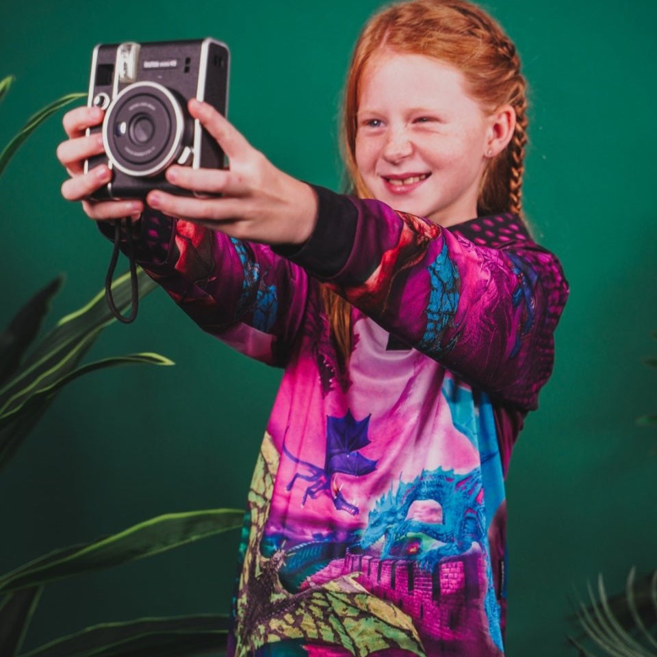 Kids | Castle of Dragons Pink Fishing Shirt ★Pre-Order★ Z and TEE camping fishing girls Kid's Fishing Kid's Fishing Apparel KIDS KIDS ALL kids design KIDS DESIGNS Kids UV rated shirt pink Preorder quick dry spo-default spo-disabled sun sun shirt sun shirts sunsafe uv