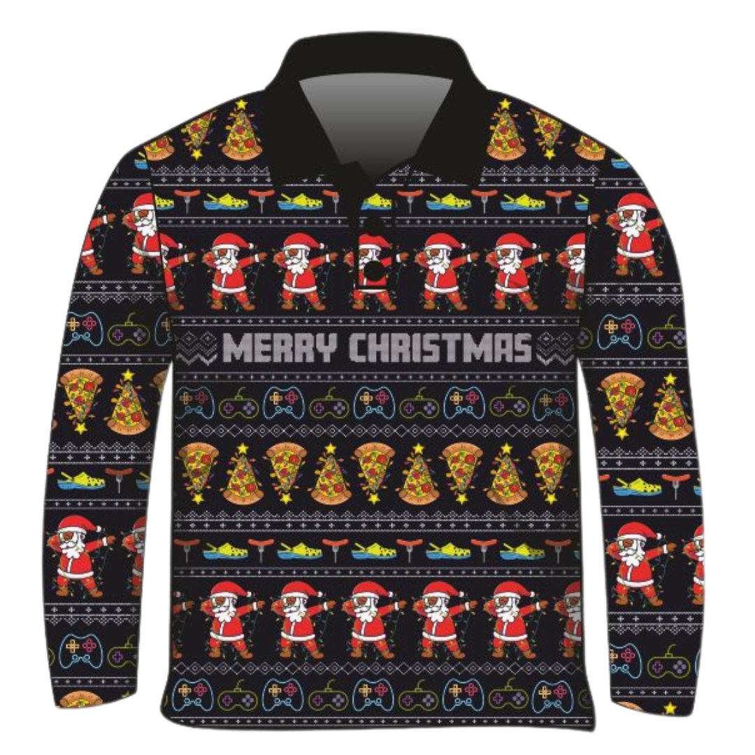 Christmas | Ugly Christmas Black Fishing Shirt (Text) Z and TEE Aussie Australian BBQ black Christmas Christmas design Christmas Gift Father Christmas Festive gamer remote Gangsta Wrapper Matching Singlet Merry Christmas pizza quick dry Summer SUN SAFE Ugly Christmas sweater UPF