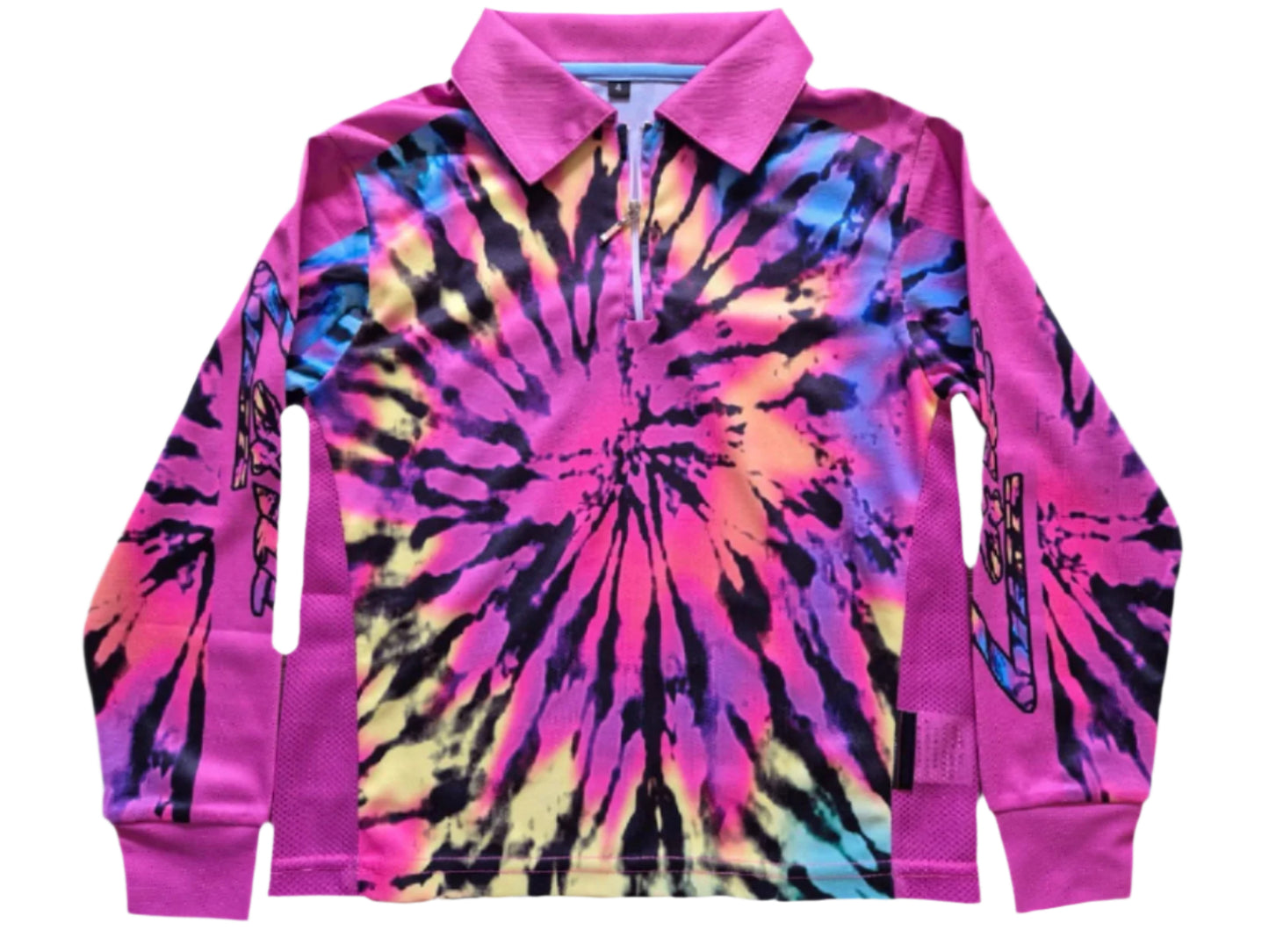 Kids | Tie-Dye Pink Fishing Shirt (Mesh side panels & Zip Neckline) Z and TEE boys GIRLS DESIGNS In Stock kid Kid's Fishing Kid's Fishing Apparel Kid's Fishing Shirt Kid's Uv Rated Shirts KIDS ALL Kids UV rated shirt lastchance matching dress men mens PATTERN AND PLAIN DESIGNS pink quick dry spo-default spo-disabled STS sun sun shirt sun shirts sunsafe uv z&tee