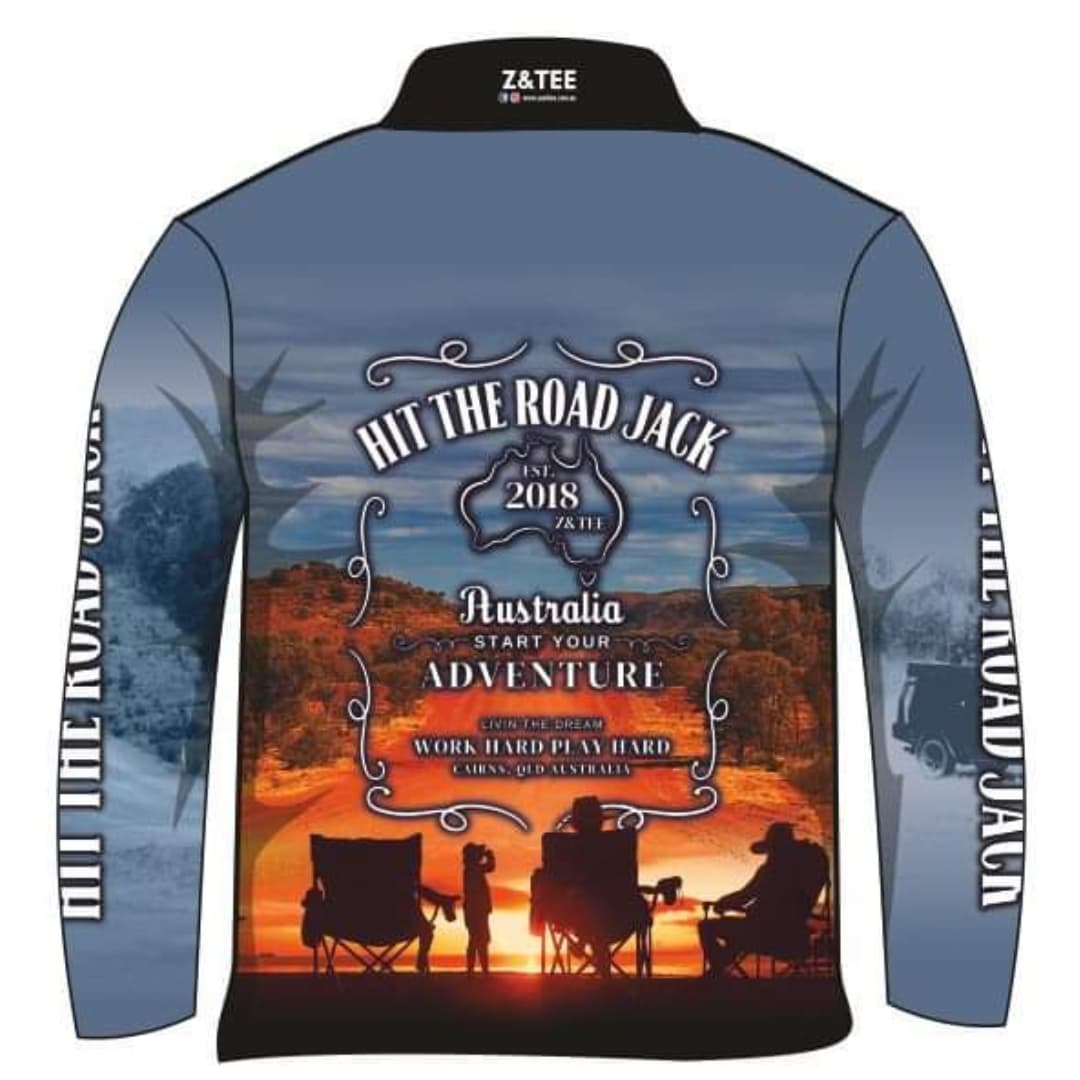 Camping & Caravanning | Hit the Road Jack Camping Adventure Fishing Shirt Z and TEE 4x4 Aussie Aussie Map Australia Australiana blue Camp Fire camping CAMPING AND CARAVAN DESIGNS caravan mens MEN’S DESIGNS offroad outback quick dry red SUN SAFE UPF