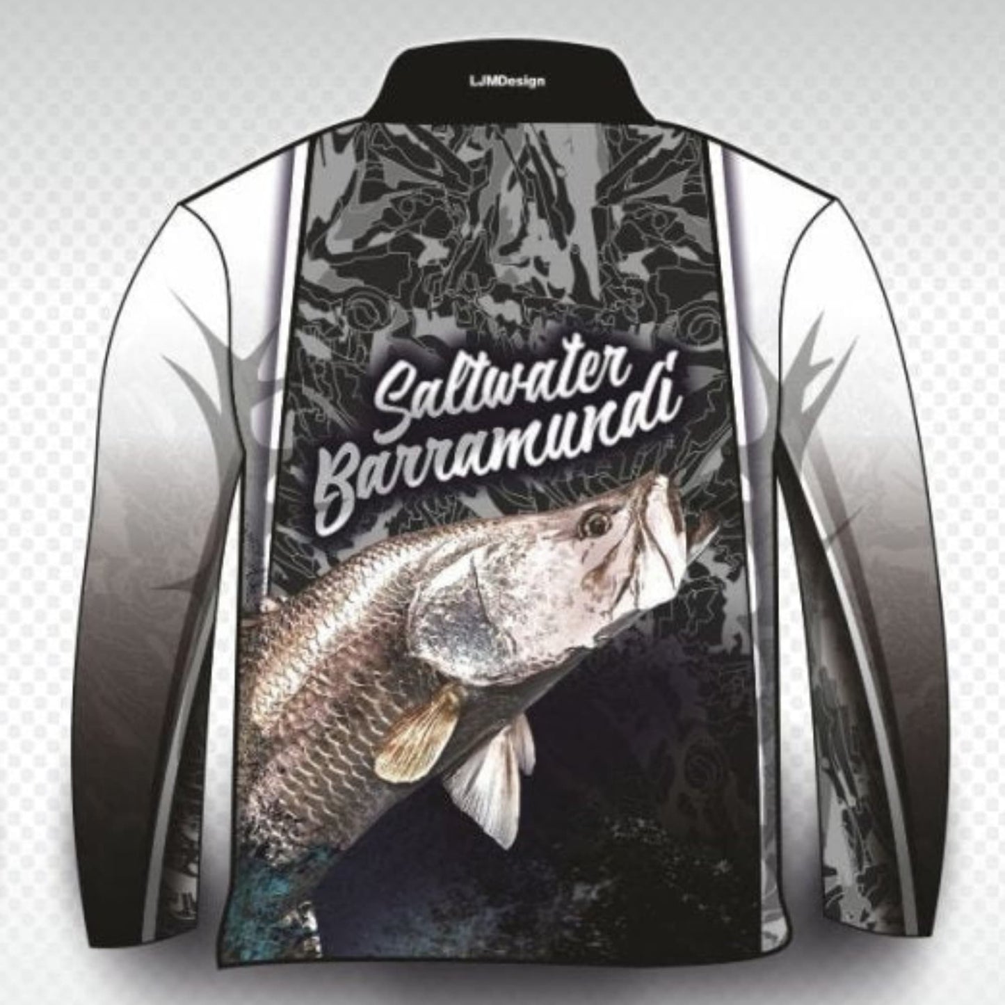 Fishing | Barramundi Saltwater Camo Fishing Shirt ★Pre-Order★ Z and TEE barramundi black BOYS DESIGNS Camo FISH FISH DESIGNS MEN'S DESIGNS mens quick dry SUN SAFE UPF white