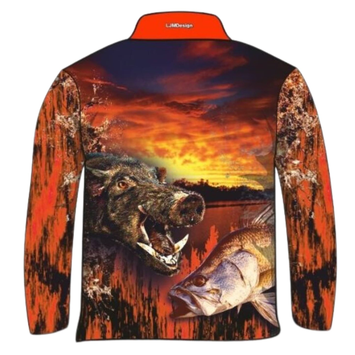 Hunting | Boars and Barra Orange Fishing Shirt ★Pre-Order★ Z and TEE barramundi boy boys BOYS DESIGNS FISH DESIGNS fishing hunting KIDS men MEN'S DESIGNS mens pig pig hunting Preorder quick dry spo-default spo-disabled sun sun shirt sun shirts sunsafe uv