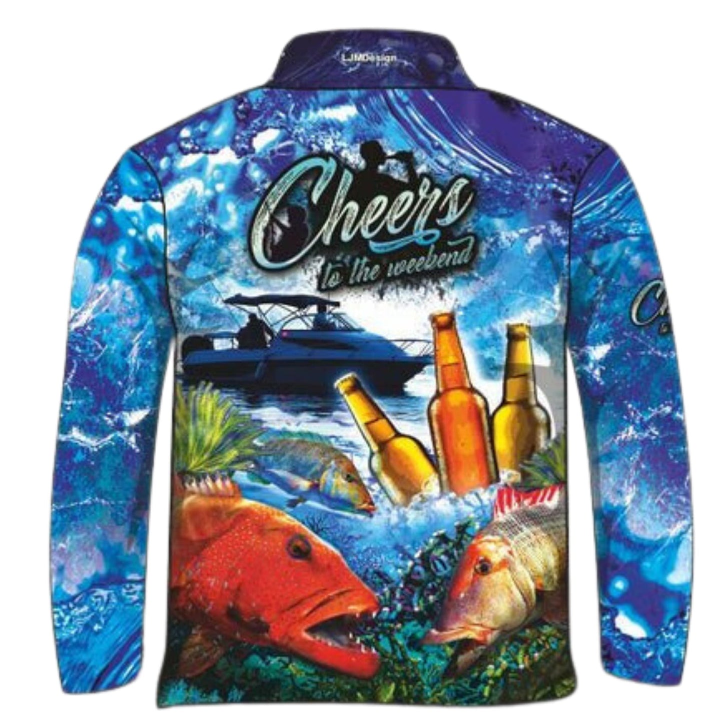 Fishing | Cheers to the Weekend Reef Trip Fishing Shirt ★Pre-Order★ Z and TEE blue boat Drinks FISH DESIGNS MEN'S DESIGNS mens quick dry SUN SAFE UPF