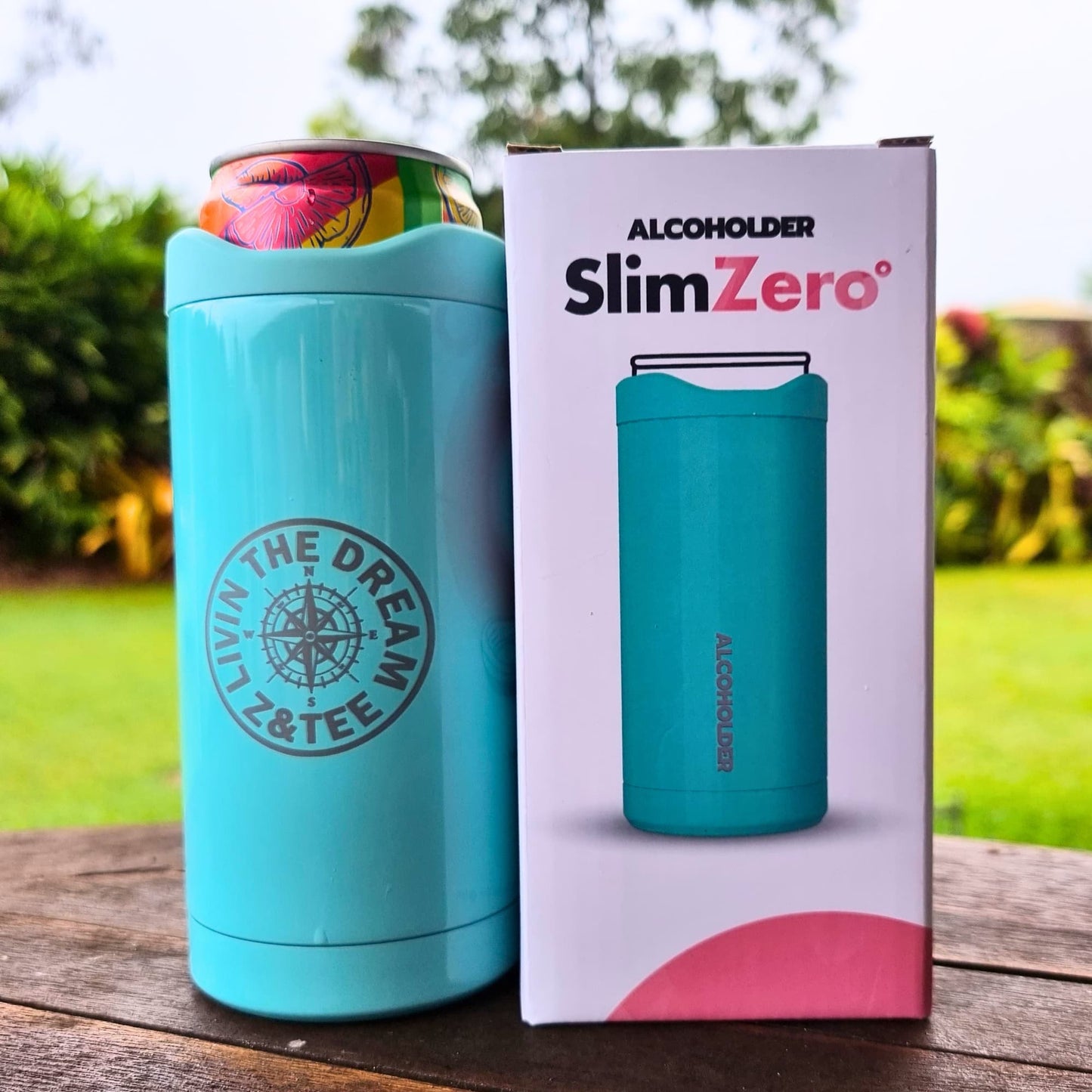 Z&Tee SlimZero Can Cooler | SeaFoam Gloss Z and TEE alcoholder can cooler can holder Compass Living the Dream slimzero Teal z&tee