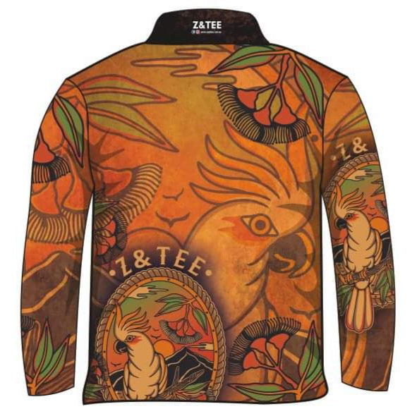 Womens | Vintage Cockatoo Fishing Shirt Z and TEE australian birds black cockatoo Floral in stock orange quick dry SUN SAFE UPF WOMEN'S DESIGNS womens z&tee