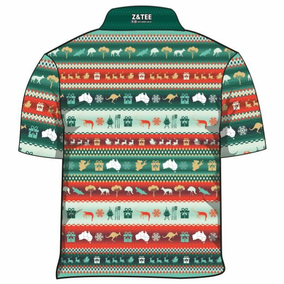 Christmas | Aussie BBQ Ugly Christmas Fishing Shirt ★Pre-Order★ Z and TEE Aussie BBQ CHRISTMAS Christmas design Christmas Gift dingo emu Festive green kangaroo koala Llama platypus quick dry red Santa Sleigh Snow flakes SUN SAFE Ugly Christmas sweater UPF