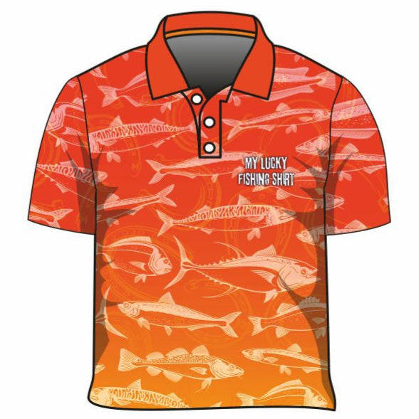 Fishing | Lucky Fishing Orange Fishing Shirt ★Pre-Order★ Z and TEE FISH FISH DESIGNS KIDS matching dress MEN'S DESIGNS mens orange quick dry SUN SAFE UPF