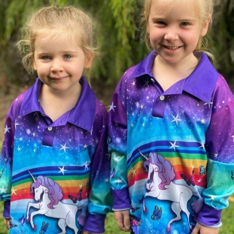 Kids | Unicorn Fishing Shirt ★Pre-Order★ Z and TEE Butterflies camping fishing GIRLS DESIGNS KIDS Preorder quick dry rainbow spo-default spo-disabled sun sun shirt sun shirts sunsafe Unicorns uv